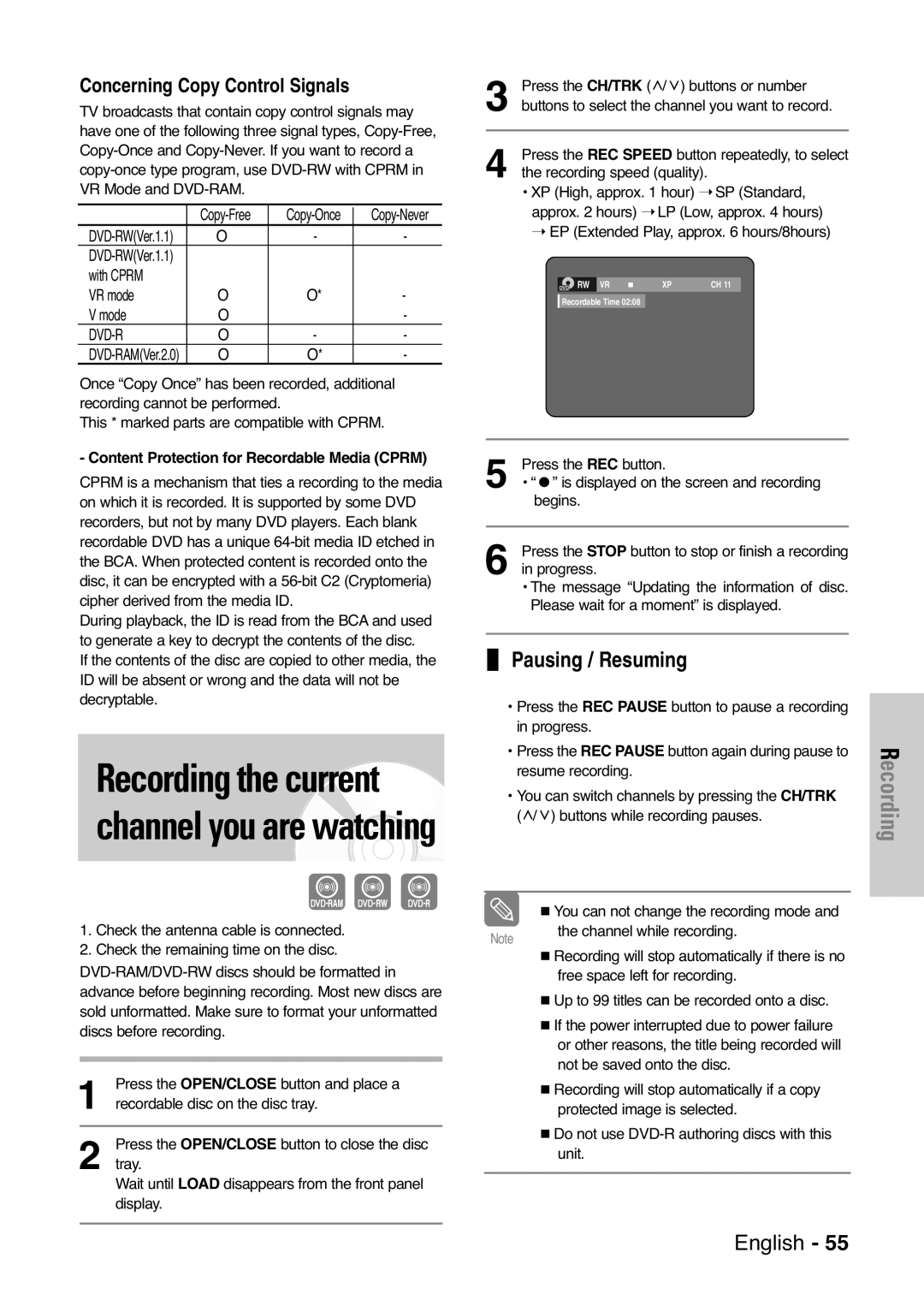 Samsung DVD-VR325 Pausing / Resuming, Concerning Copy Control Signals, Content Protection for Recordable Media Cprm 