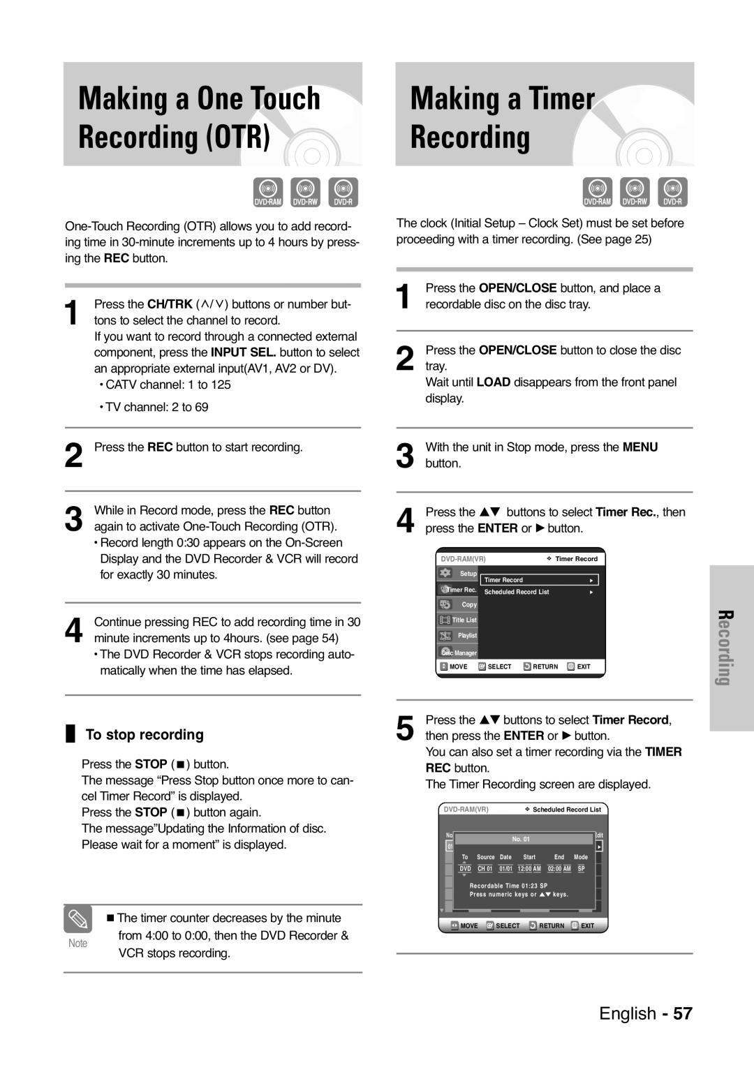 Samsung DVD-VR325 Making a Timer, Recording OTR, To stop recording, Press the …† buttons to select Timer Record 