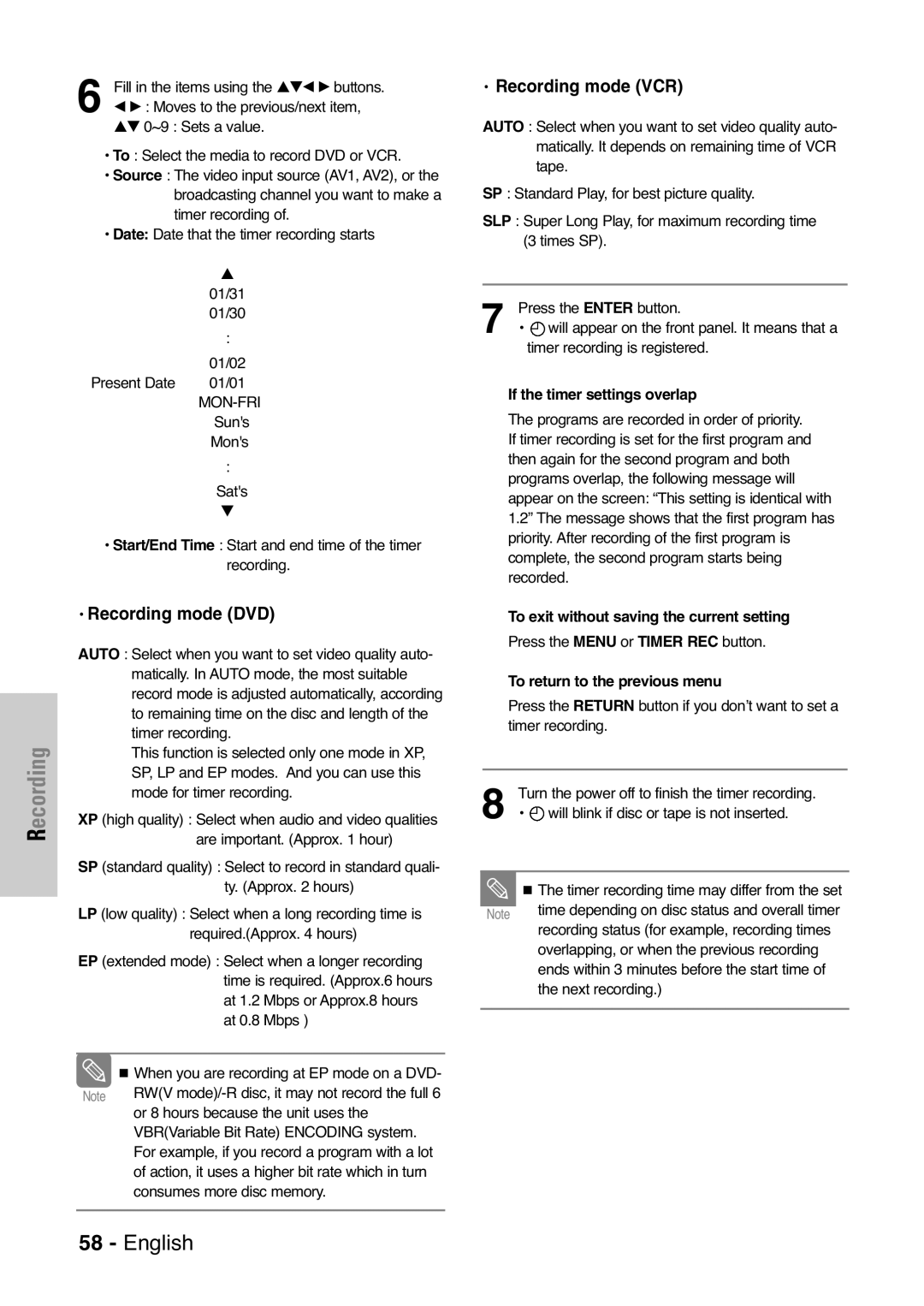 Samsung DVD-VR325 Recording mode DVD, Recording mode VCR, If the timer settings overlap, To return to the previous menu 