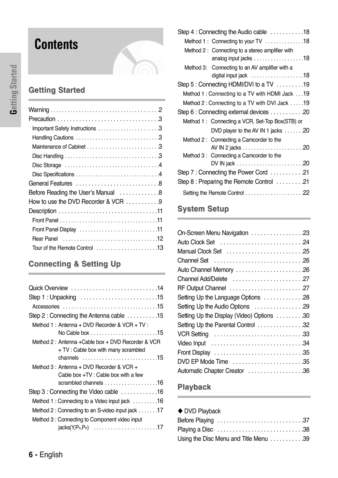 Samsung DVD-VR325 instruction manual Contents 