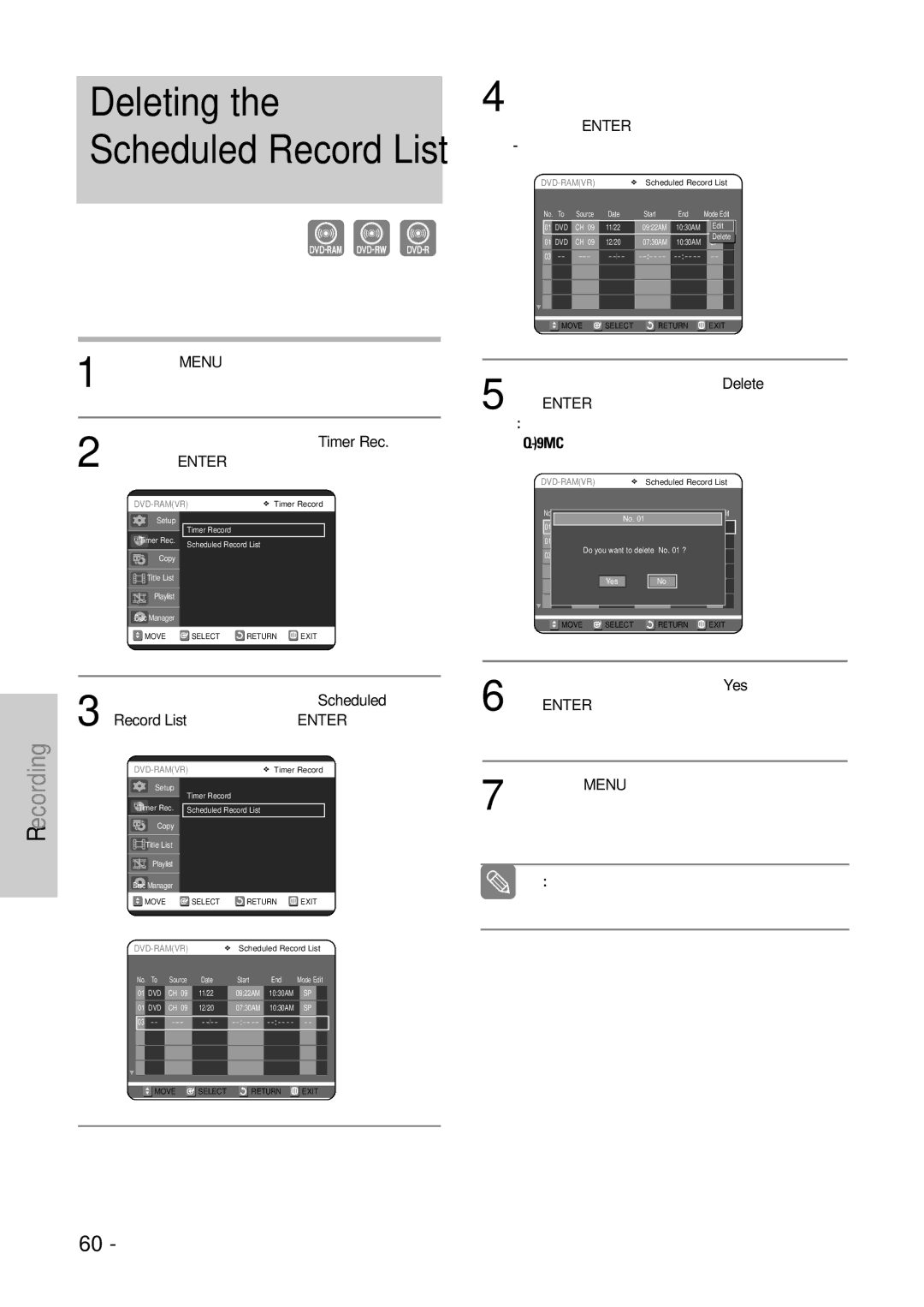 Samsung DVD-VR325 Press the …† buttons to select Scheduled, Record List, then press the Enter or √ button 