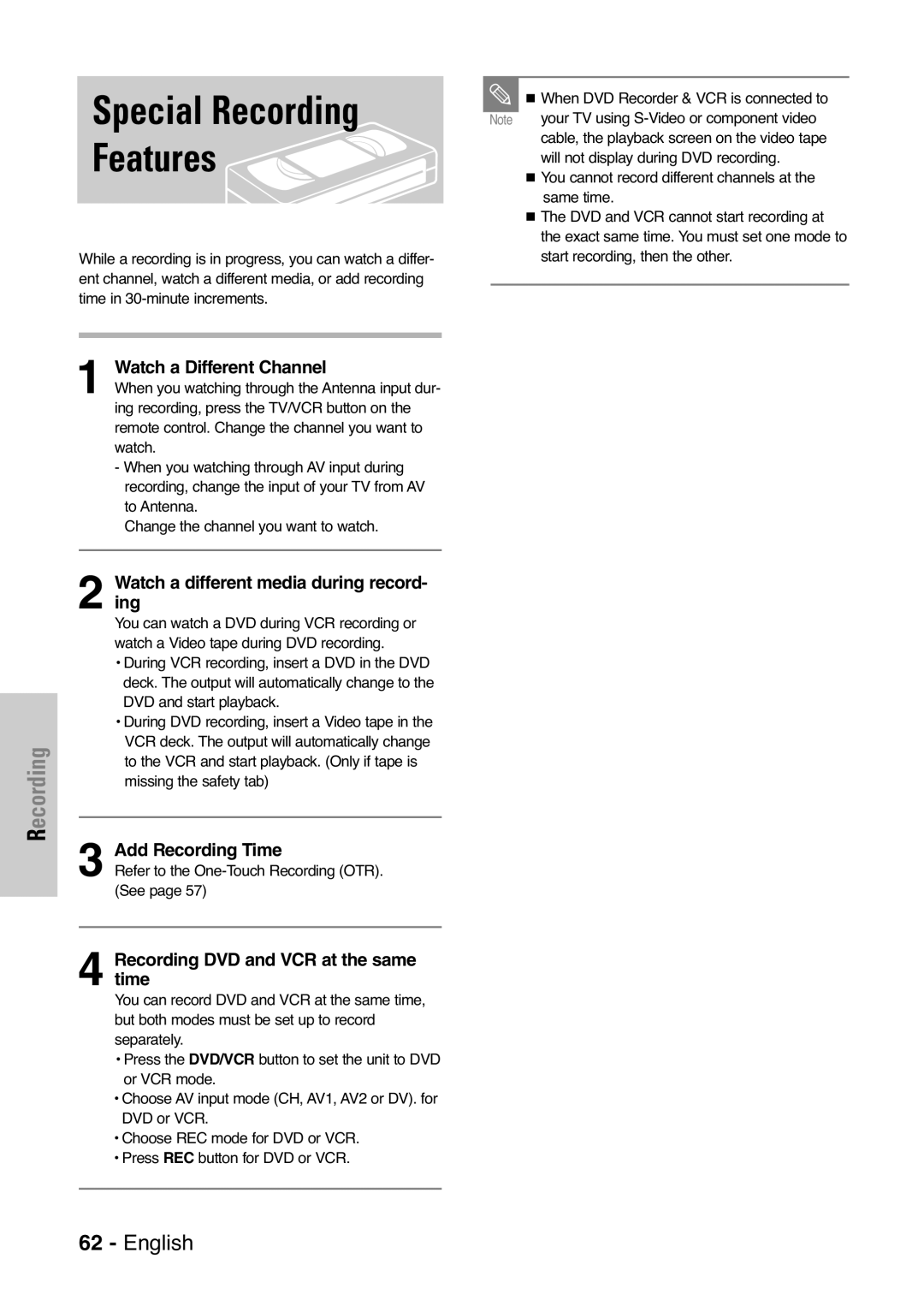 Samsung DVD-VR325 instruction manual Special Recording, Features 