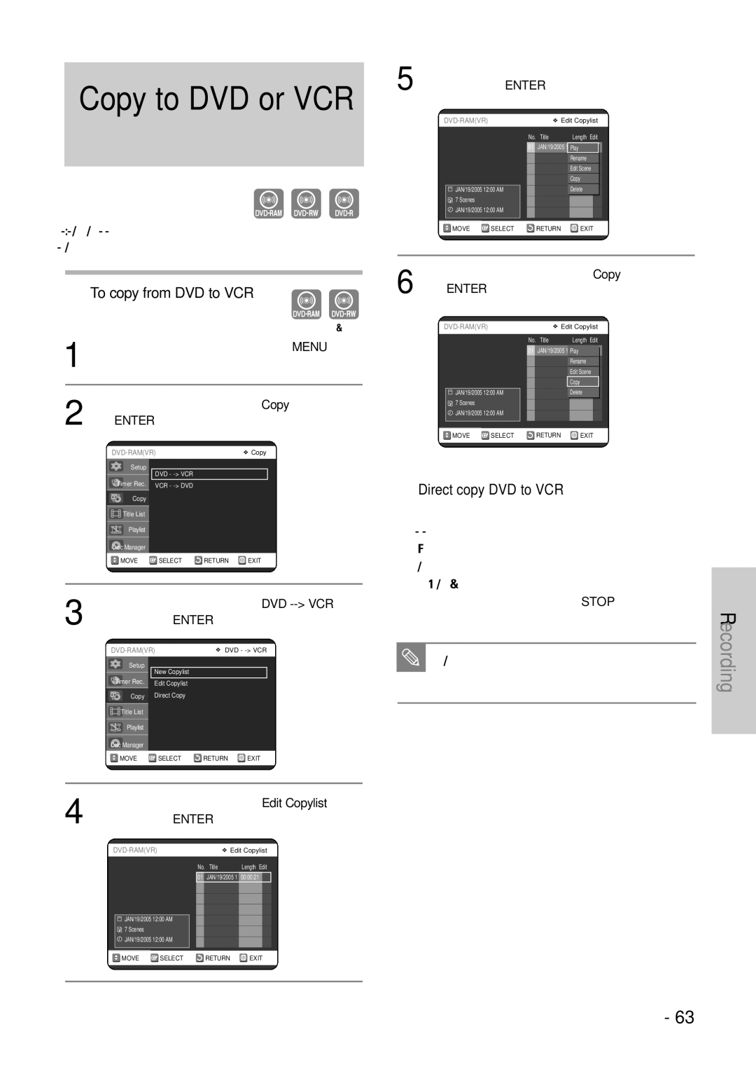 Samsung DVD-VR325 instruction manual Copy to DVD or VCR, To copy from DVD to VCR, Direct copy DVD to VCR 