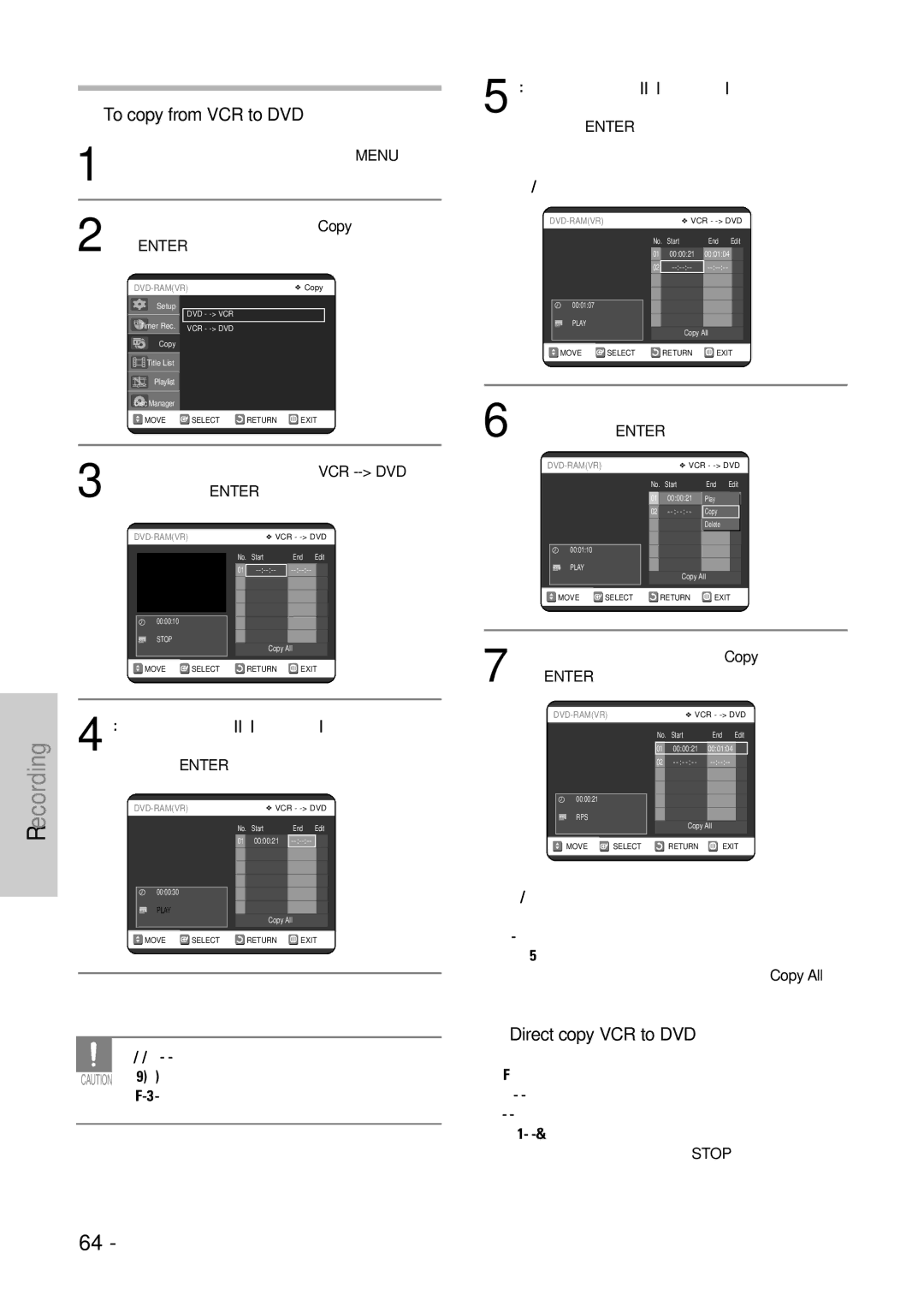 Samsung DVD-VR325 To copy from VCR to DVD, Direct copy VCR to DVD, With the unit in Stop mode, press the Menu 