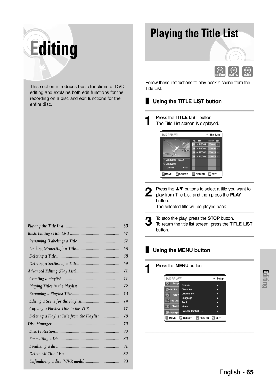 Samsung DVD-VR325 instruction manual Playing the Title List, Using the Title List button, Using the Menu button 