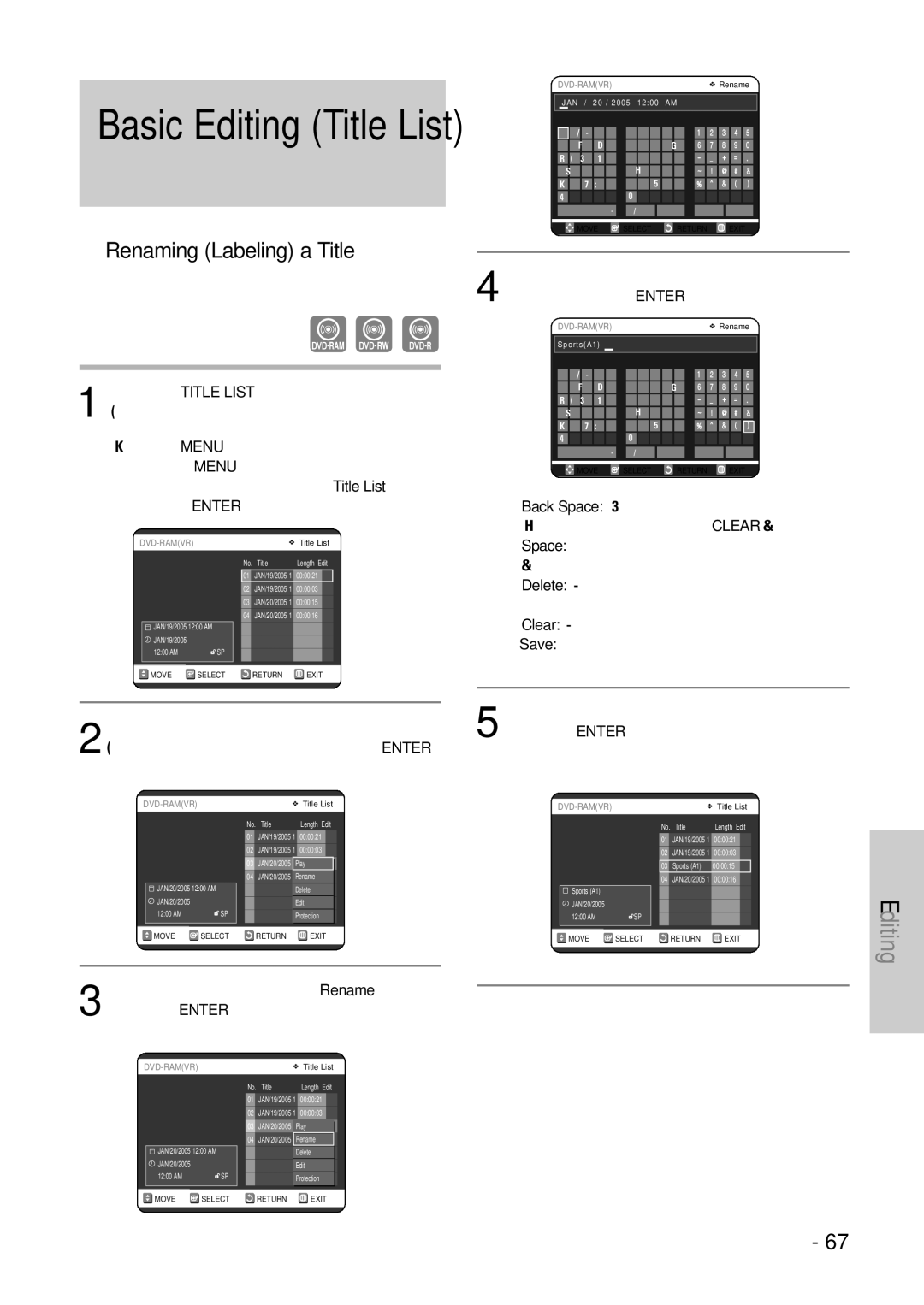 Samsung DVD-VR325 instruction manual Basic Editing Title List, Renaming Labeling a Title 