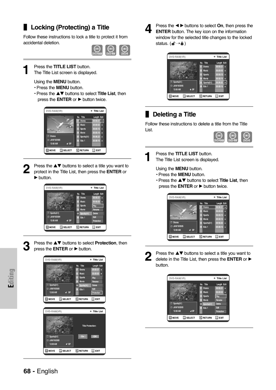 Samsung DVD-VR325 Locking Protecting a Title, Deleting a Title, Enter button. The key icon on the information 