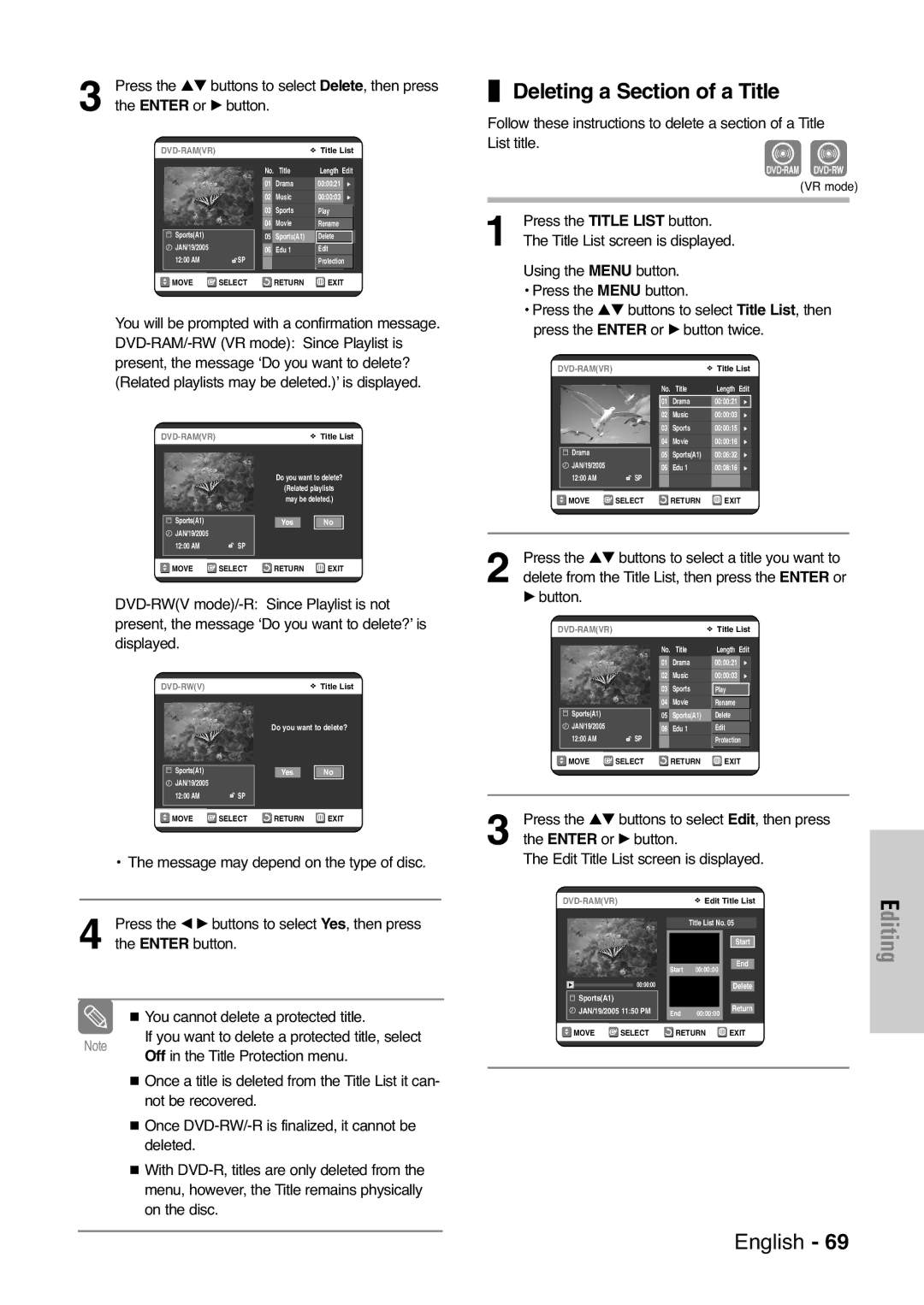 Samsung DVD-VR325 instruction manual Deleting a Section of a Title, Using the Menu button Press the Menu button 