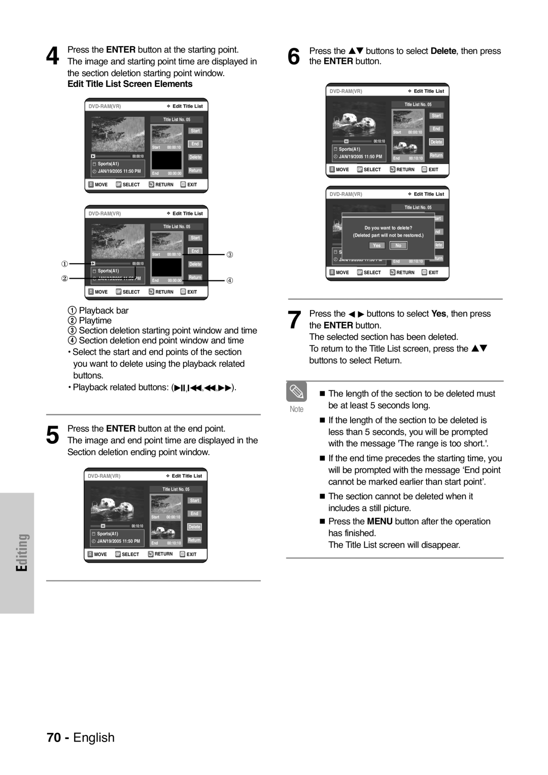 Samsung DVD-VR325 Press the Enter button at the starting point, Image and starting point time are displayed 