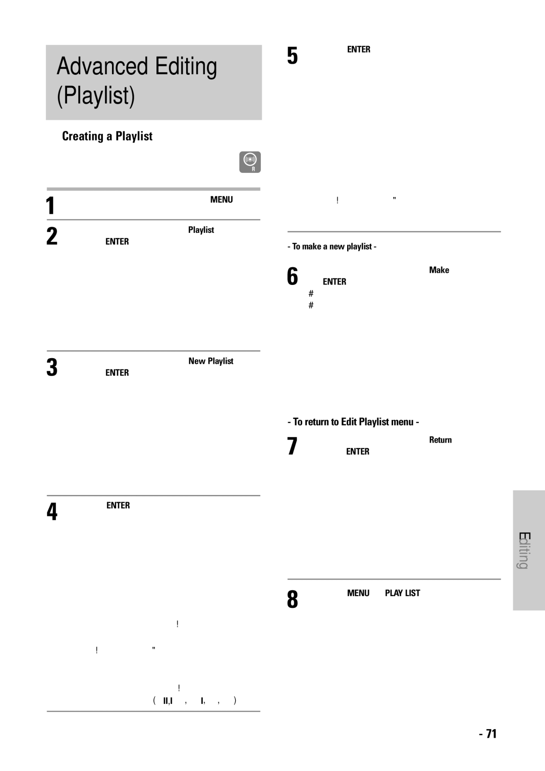 Samsung DVD-VR325 instruction manual Creating a Playlist, To return to Edit Playlist menu, To make a new playlist 