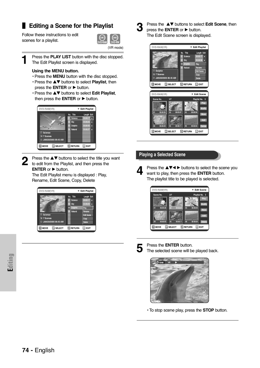 Samsung DVD-VR325 instruction manual Editing a Scene for the Playlist 