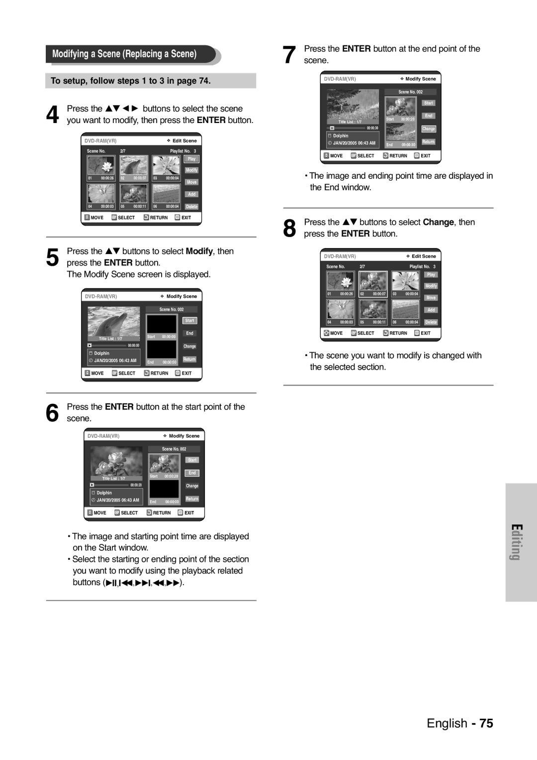 Samsung DVD-VR325 To setup, follow steps 1 to 3, Press the …† œ √ buttons to select the scene, Press the Enter button 