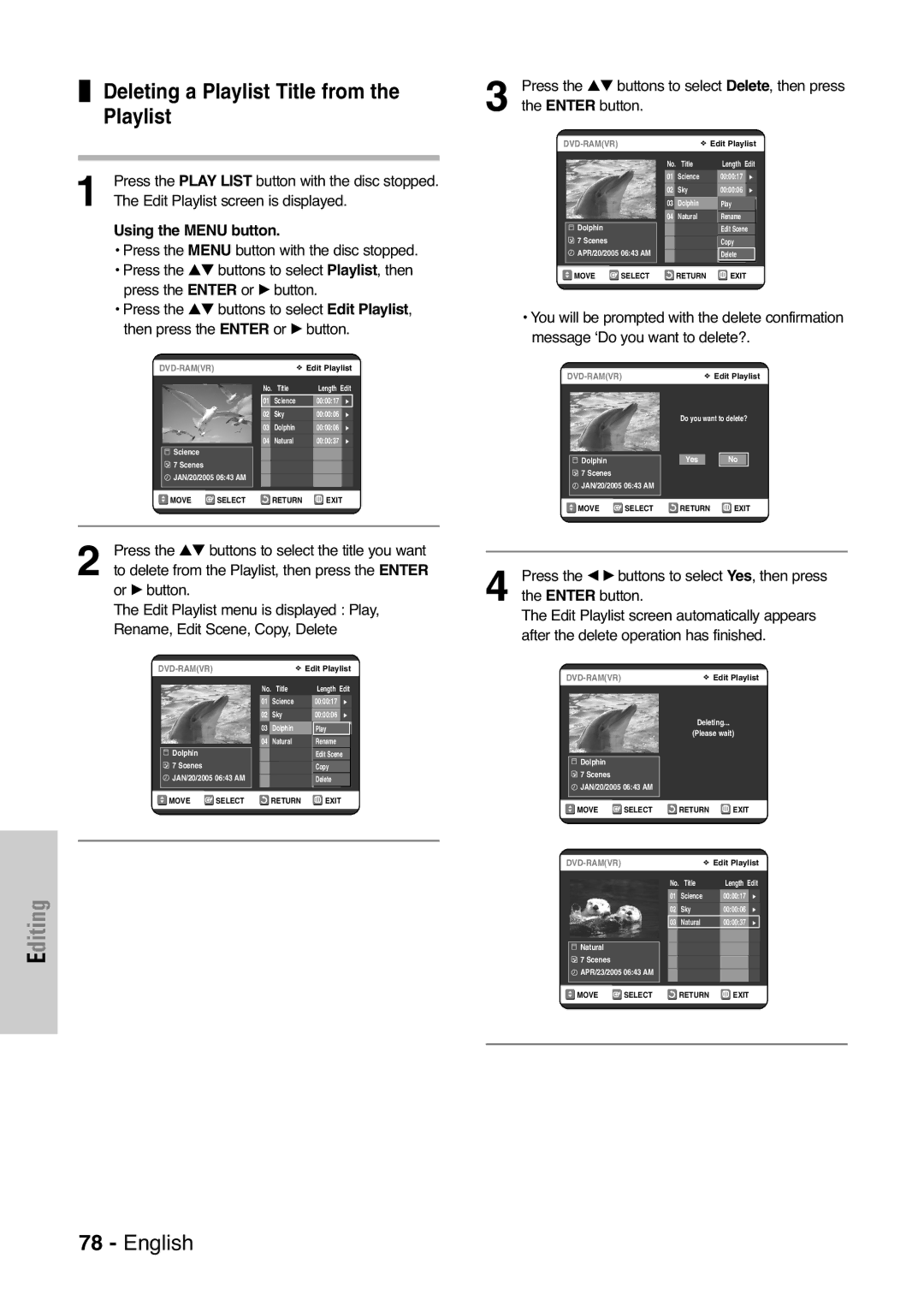 Samsung DVD-VR325 Deleting a Playlist Title from the Playlist, Edit Playlist screen automatically appears 