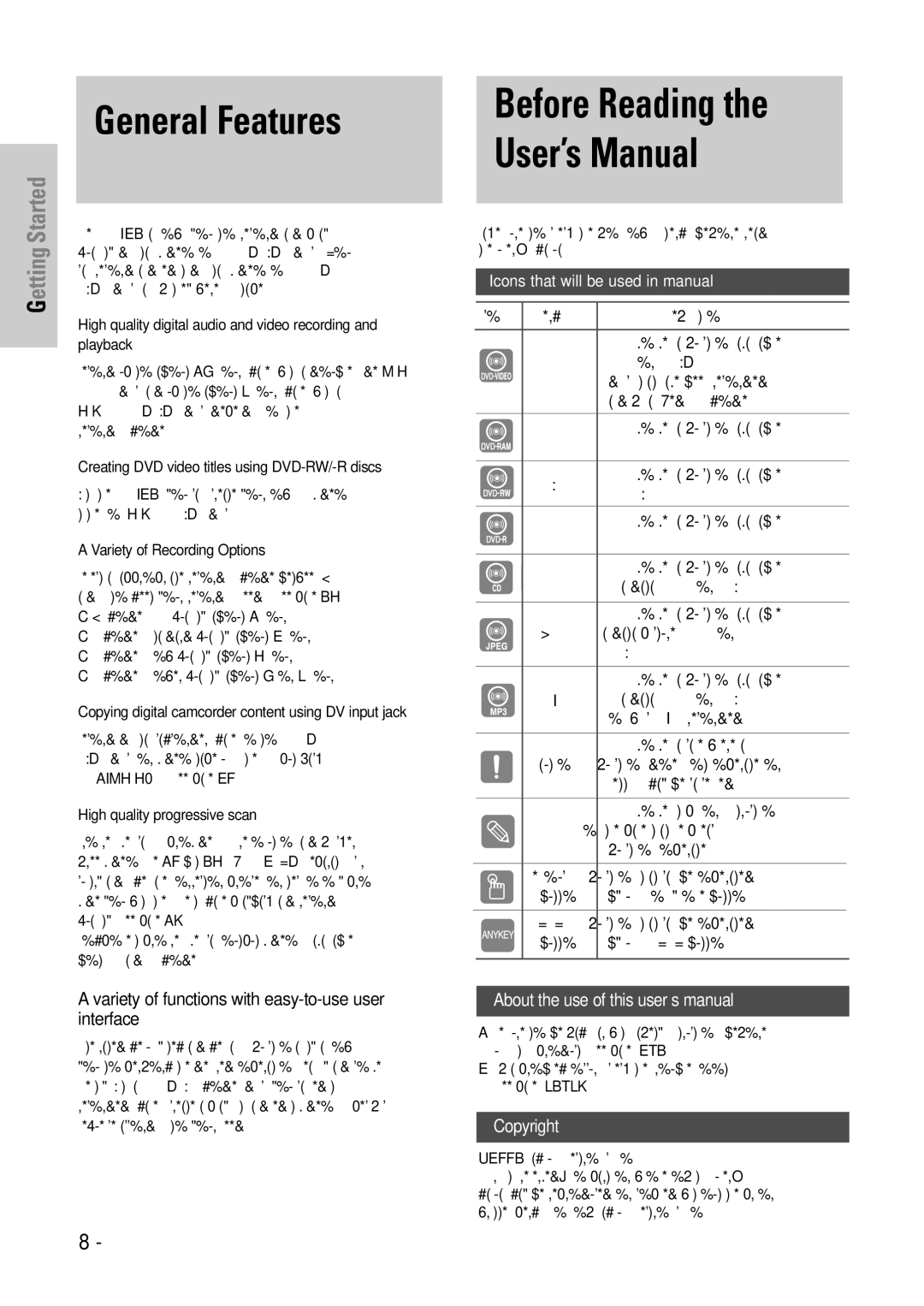 Samsung DVD-VR325 Before Reading User’s Manual, General Features, Variety of functions with easy-to-use user interface 