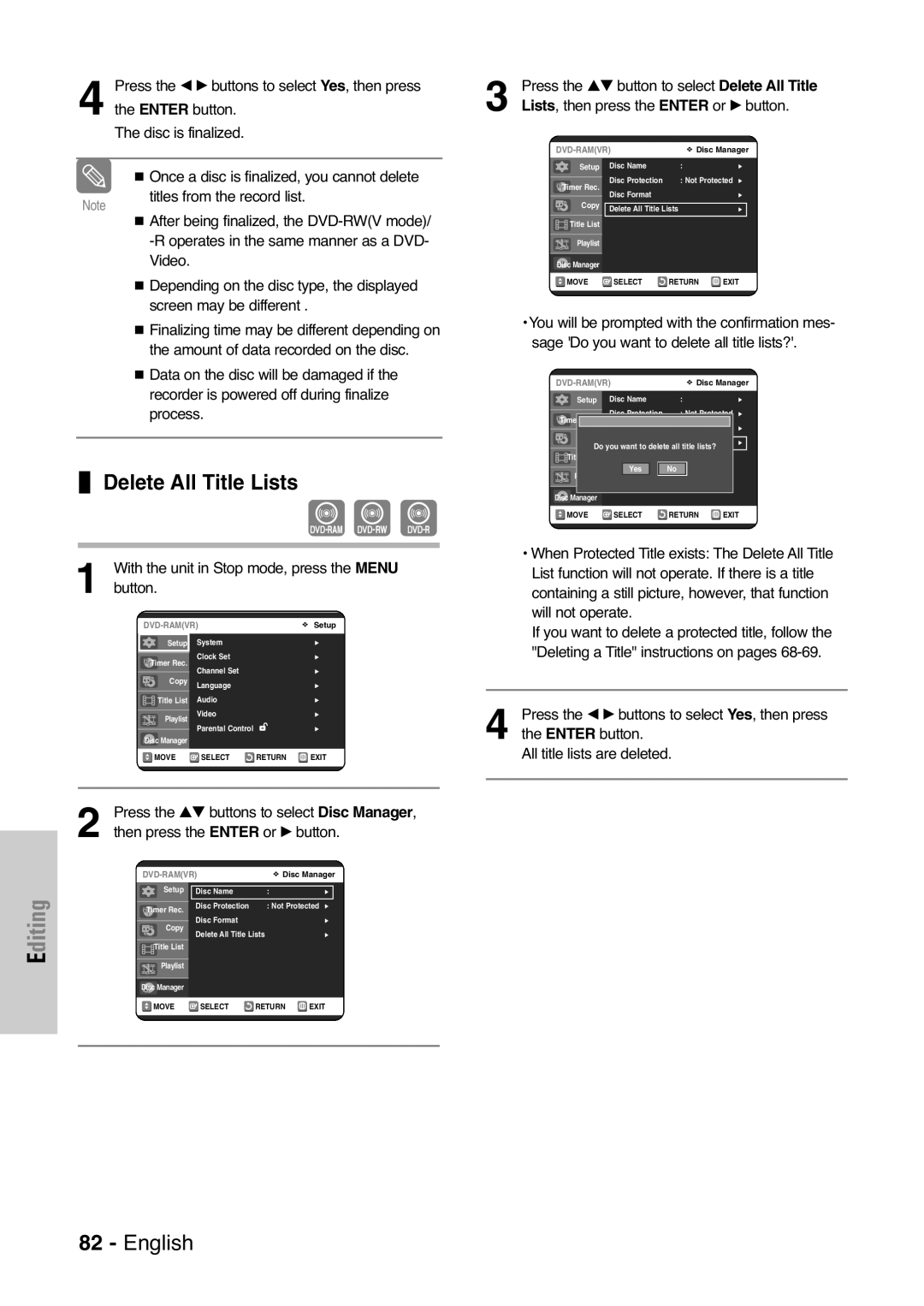 Samsung DVD-VR325 Delete All Title Lists, Lists, then press the Enter or √ button, All title lists are deleted 