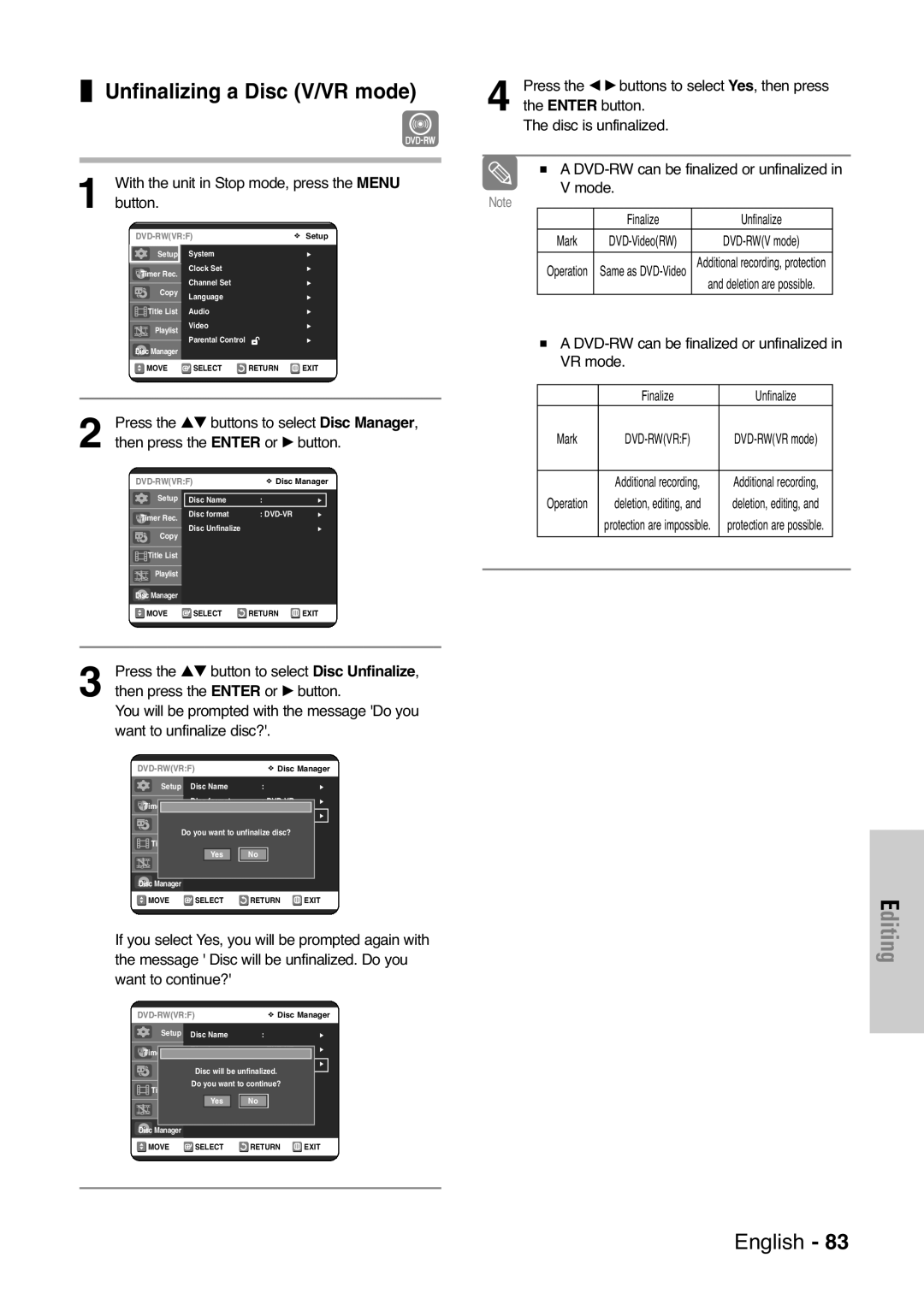 Samsung DVD-VR325 Unfinalizing a Disc V/VR mode, Press the …† button to select Disc Unfinalize, Want to unfinalize disc? 