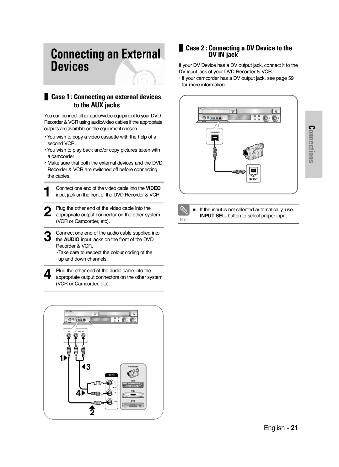 Samsung DVD-VR325/XEF, DVD-VR325P Connecting an External Devices, Case 1 Connecting an external devices to the AUX jacks 