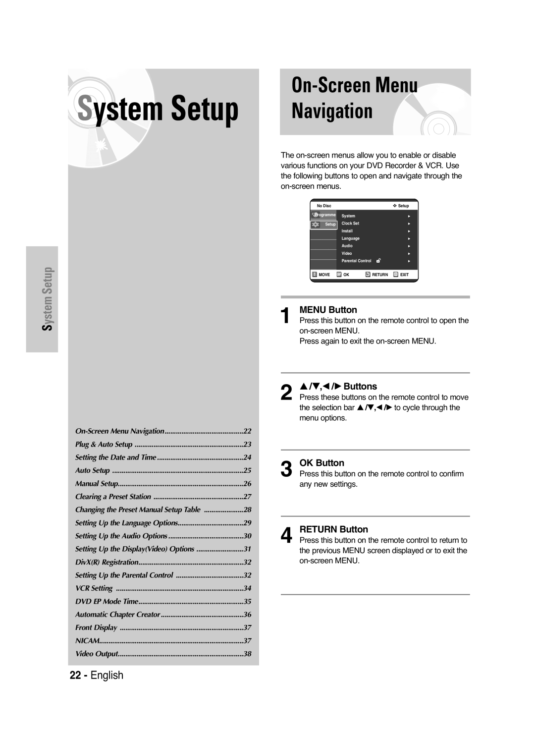 Samsung DVD-VR325P, DVD-VR325/XEF manual System Setup, On-Screen Menu Navigation 