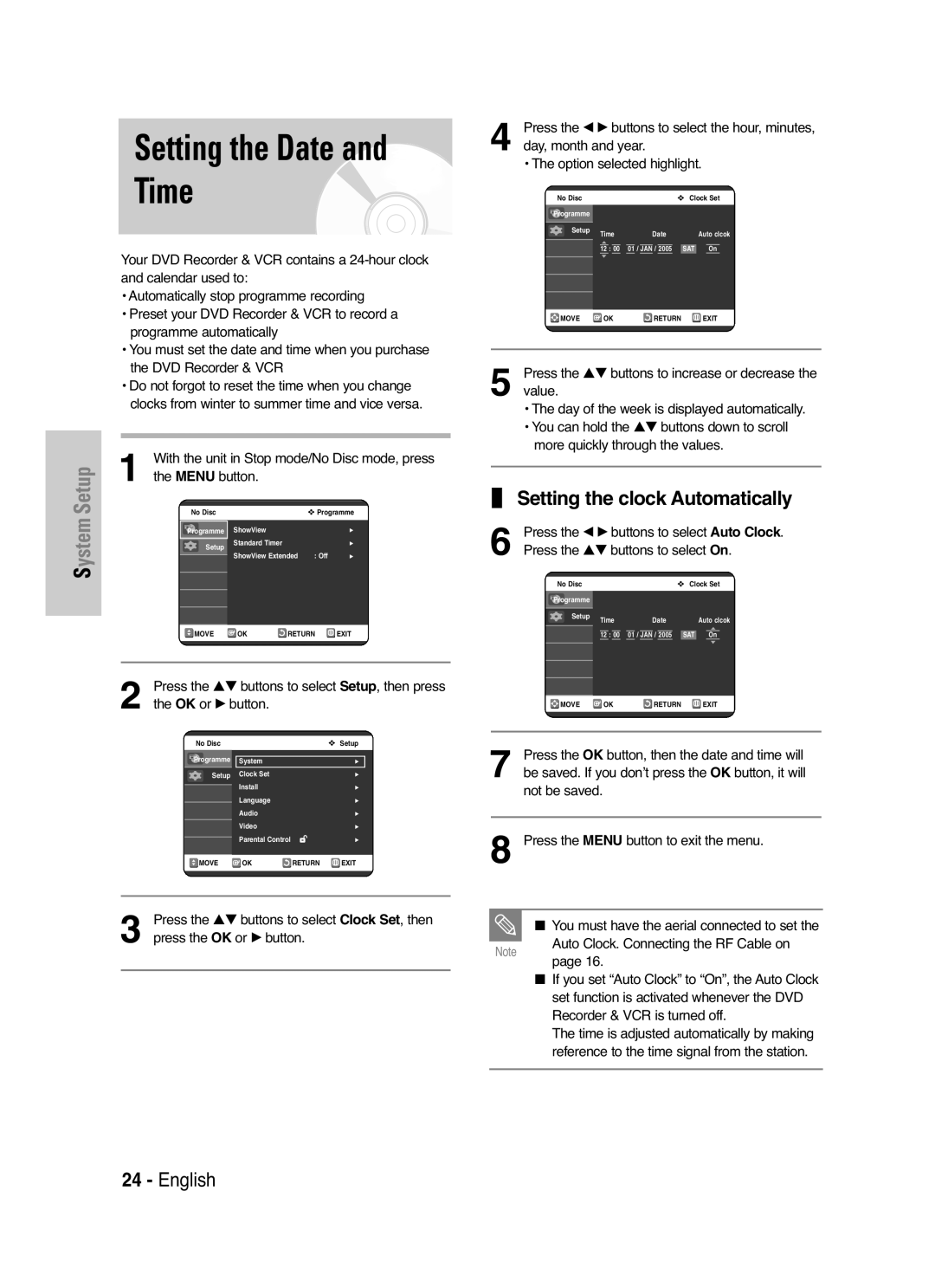 Samsung DVD-VR325P, DVD-VR325/XEF manual Setting the Date and Time, Setting the clock Automatically 