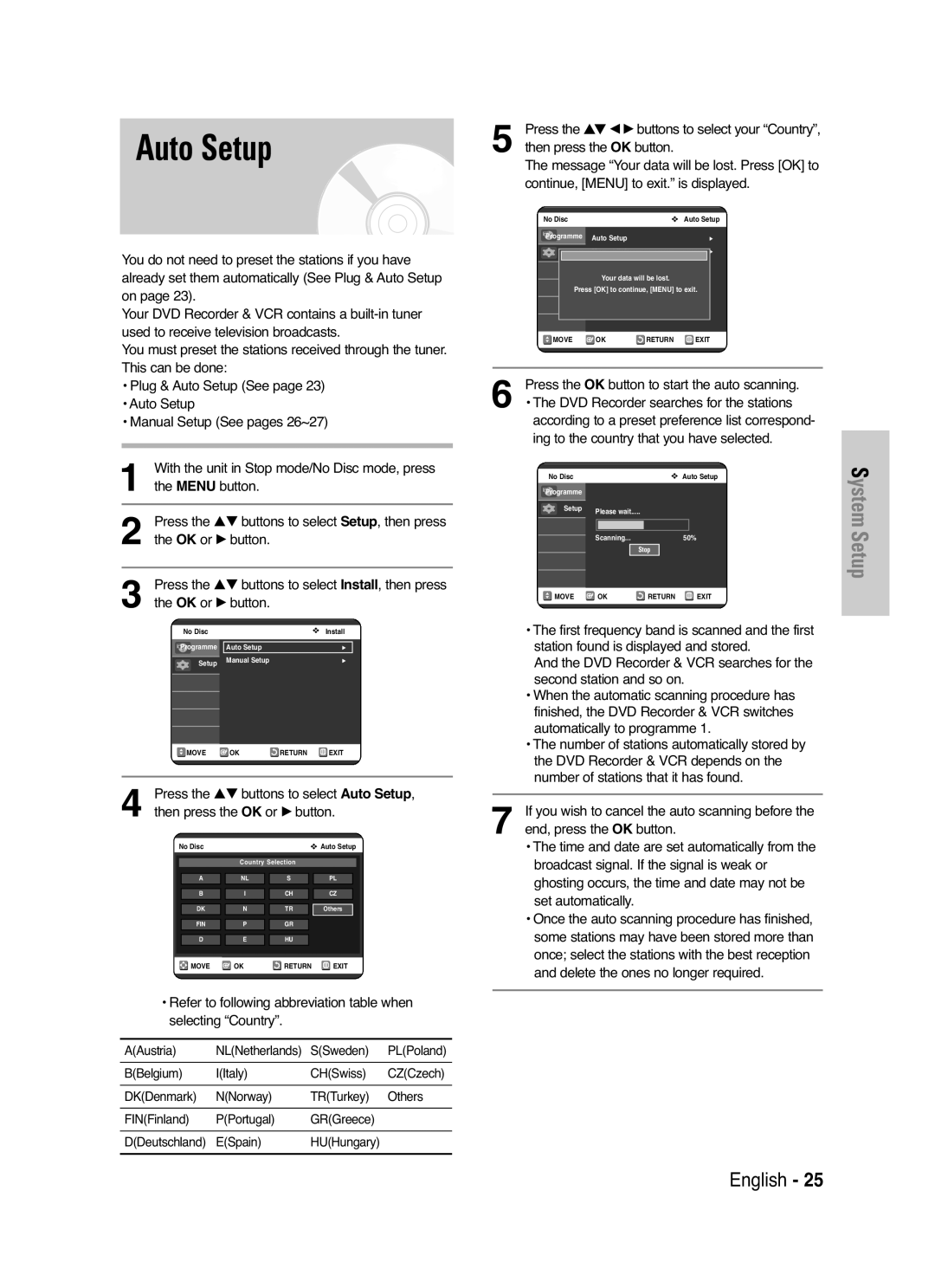 Samsung DVD-VR325/XEF, DVD-VR325P manual Auto Setup, Then press the OK or √ button, SSweden PLPoland BBelgium IItaly CHSwiss 