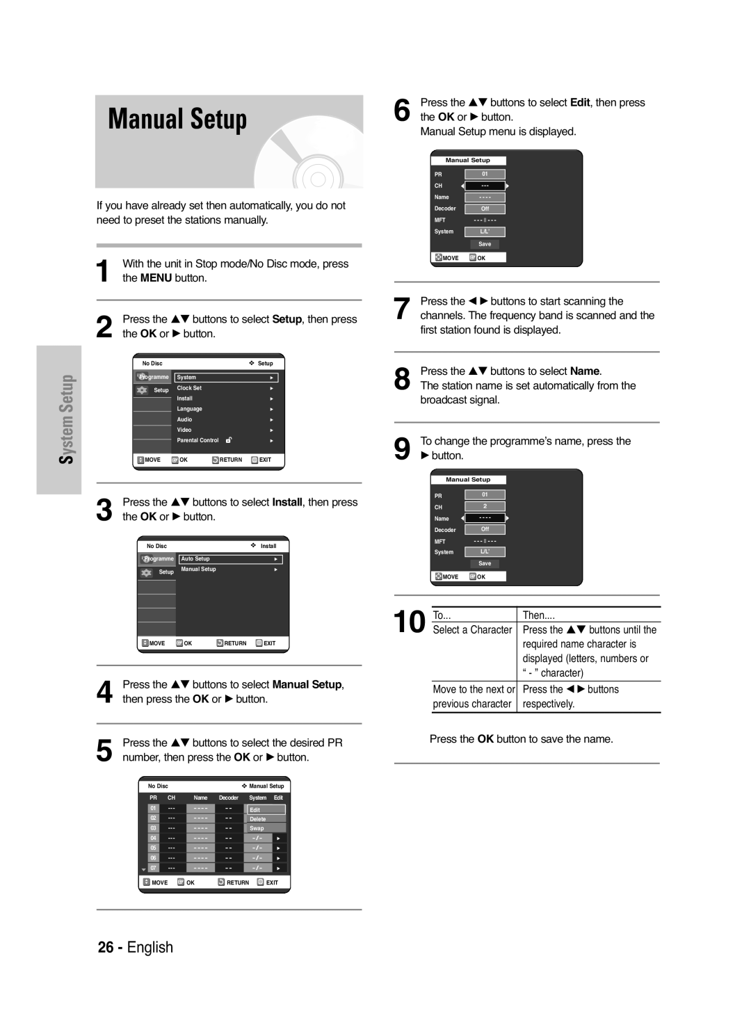 Samsung DVD-VR325P Manual Setup, Press the …† buttons to select the desired PR, Number, then press the OK or √ button 