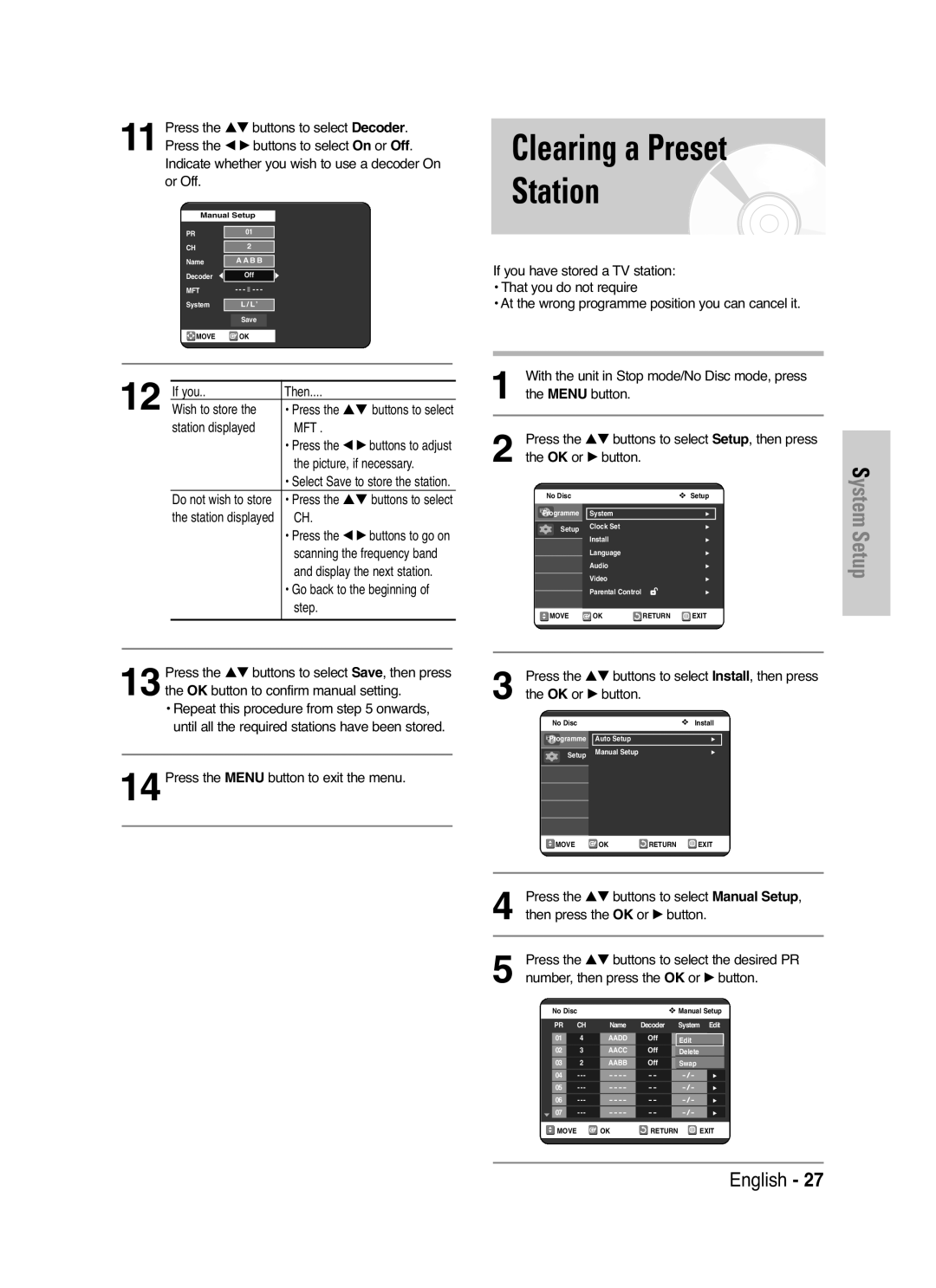 Samsung DVD-VR325/XEF, DVD-VR325P manual Clearing a Preset Station, Press the …† buttons to select Decoder, Or Off 