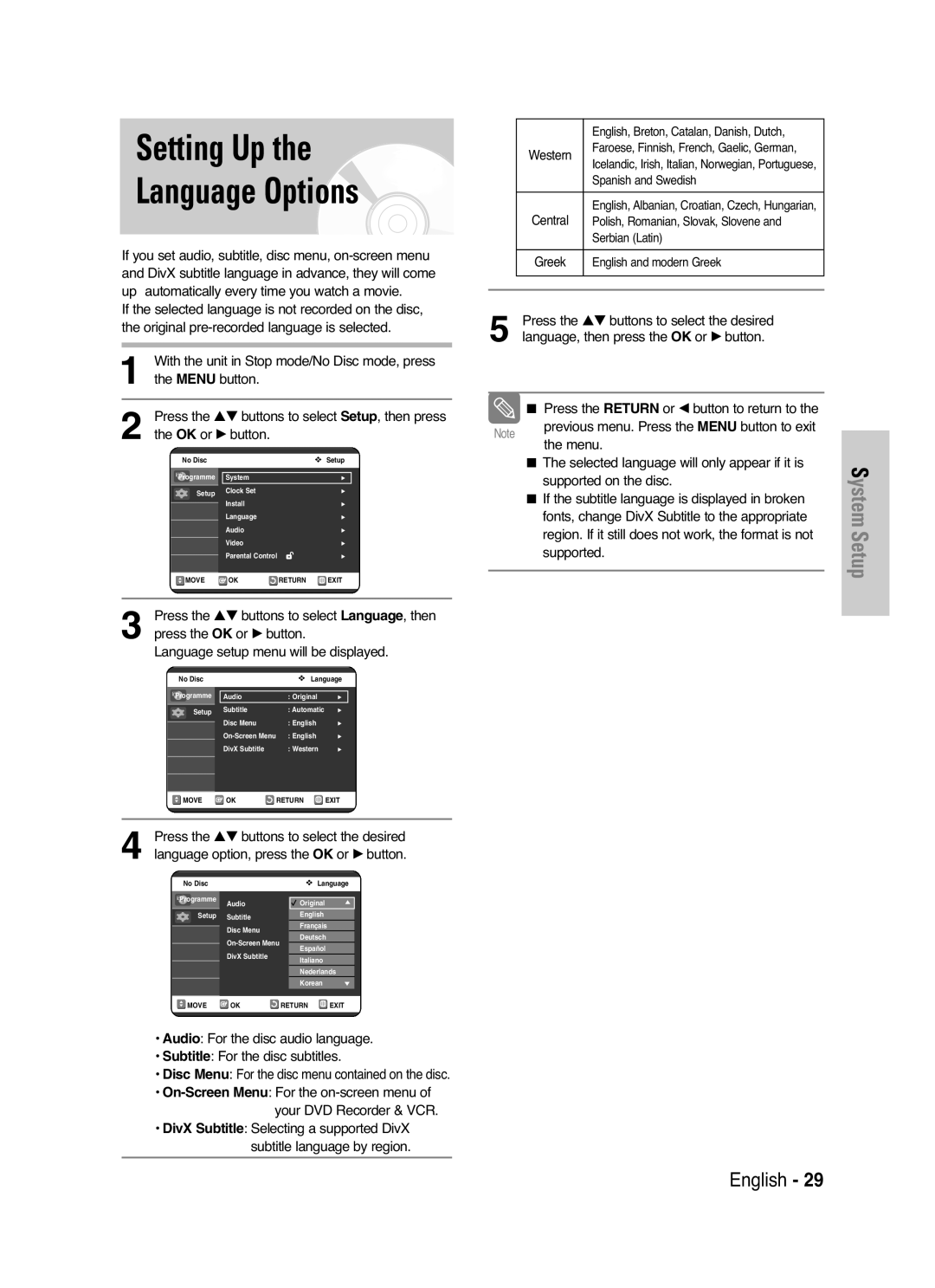 Samsung DVD-VR325/XEF, DVD-VR325P manual Setting Up Language Options, Press the …† buttons to select Language, then 