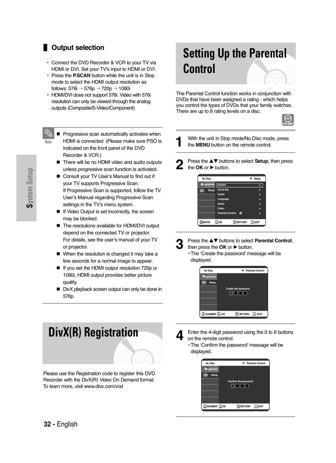 Samsung DVD-VR325P, DVD-VR325/XEF manual Setting Up the Parental Control, DivXR Registration, Output selection 