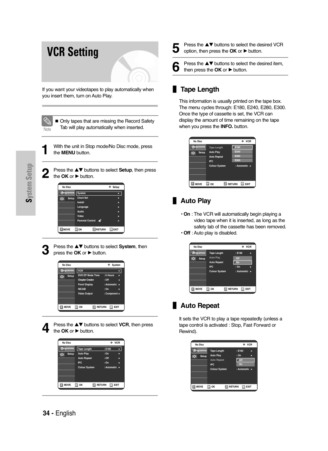 Samsung DVD-VR325P, DVD-VR325/XEF manual VCR Setting, Tape Length, Auto Play, Auto Repeat 