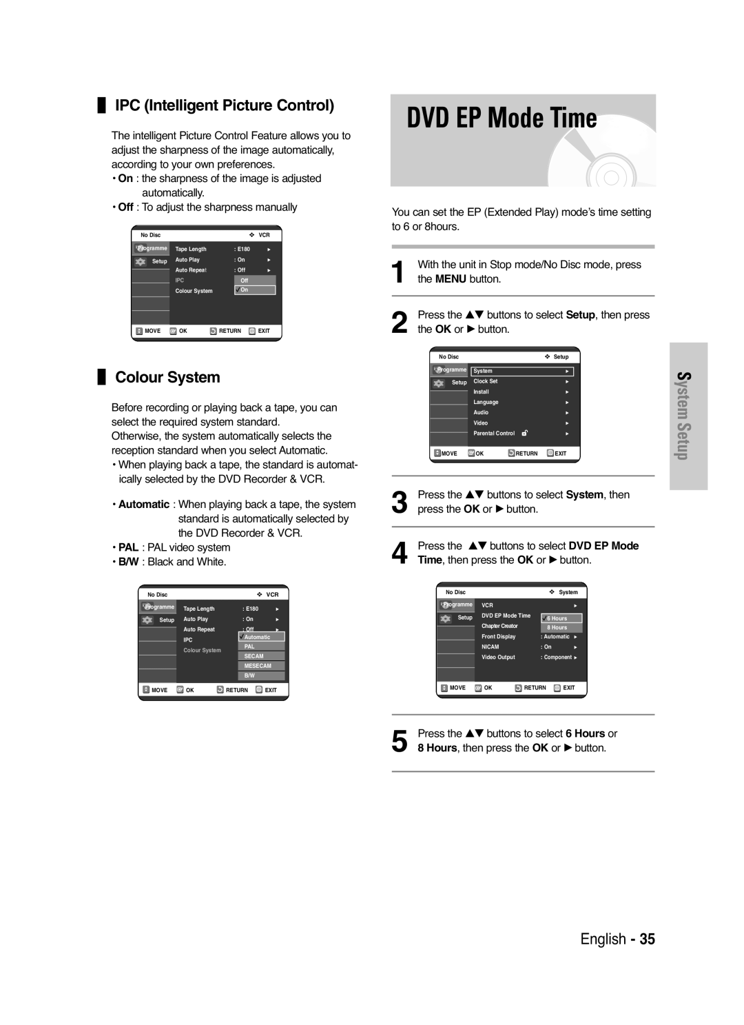 Samsung DVD-VR325/XEF, DVD-VR325P manual DVD EP Mode Time, IPC Intelligent Picture Control, Colour System 