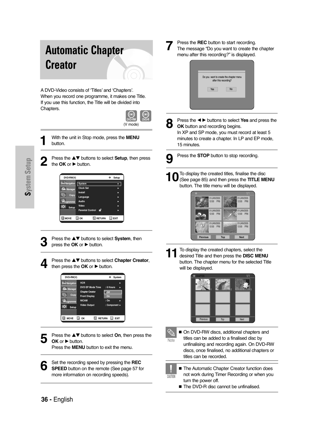 Samsung DVD-VR325P, DVD-VR325/XEF manual Automatic Chapter Creator, With the unit in Stop mode, press the Menu, Button 