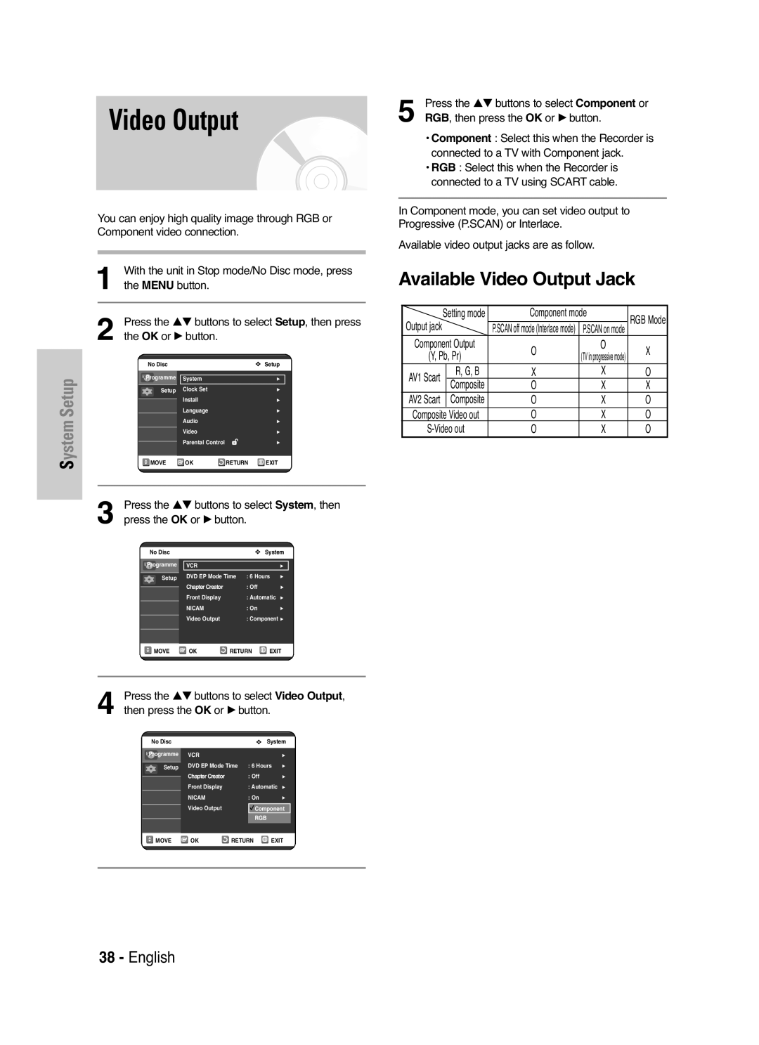 Samsung DVD-VR325P, DVD-VR325/XEF manual Video Output, RGB, then press the OK or √ button 