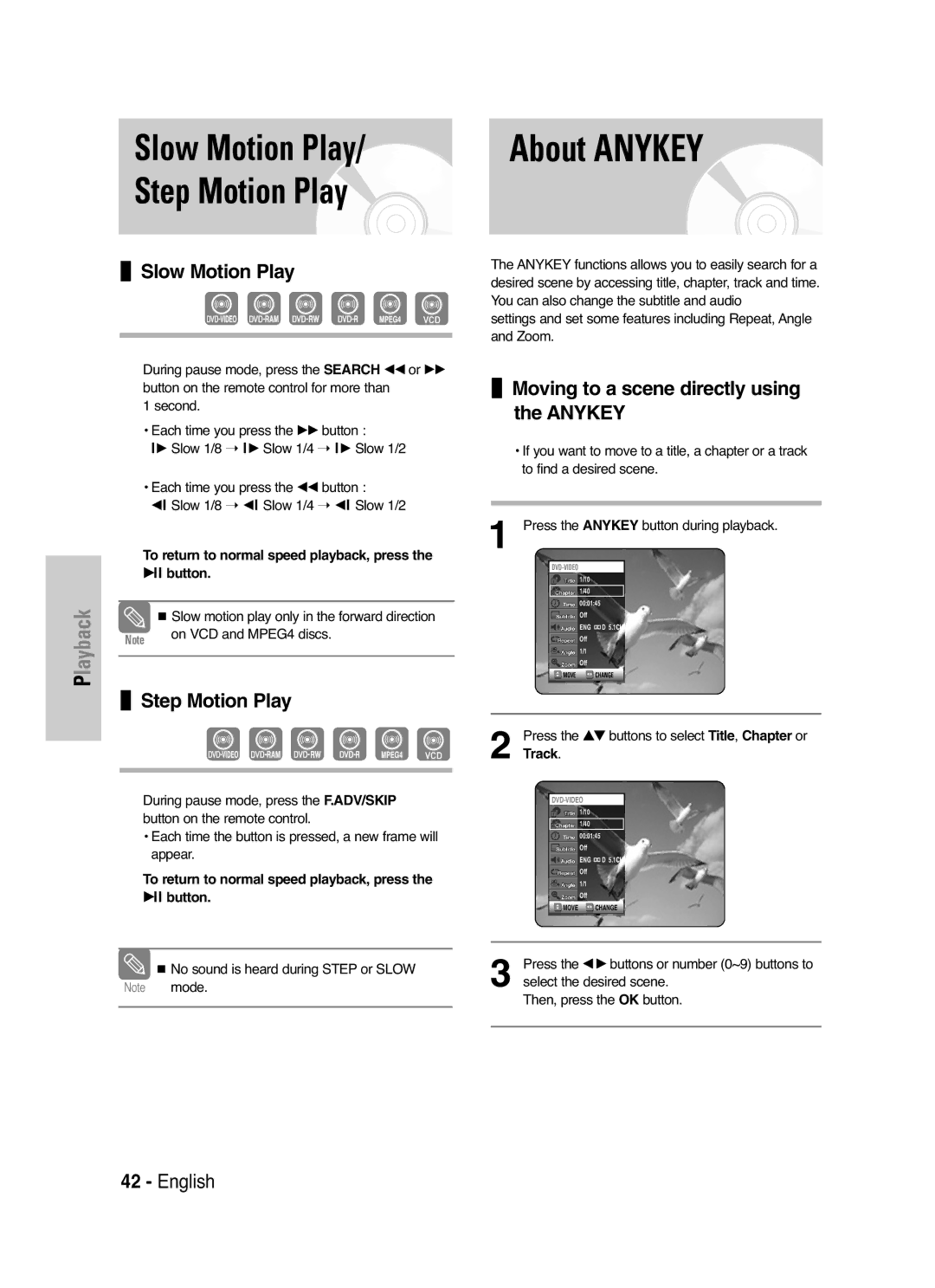 Samsung DVD-VR325P manual About Anykey, Slow Motion Play Step Motion Play, Moving to a scene directly using the Anykey 