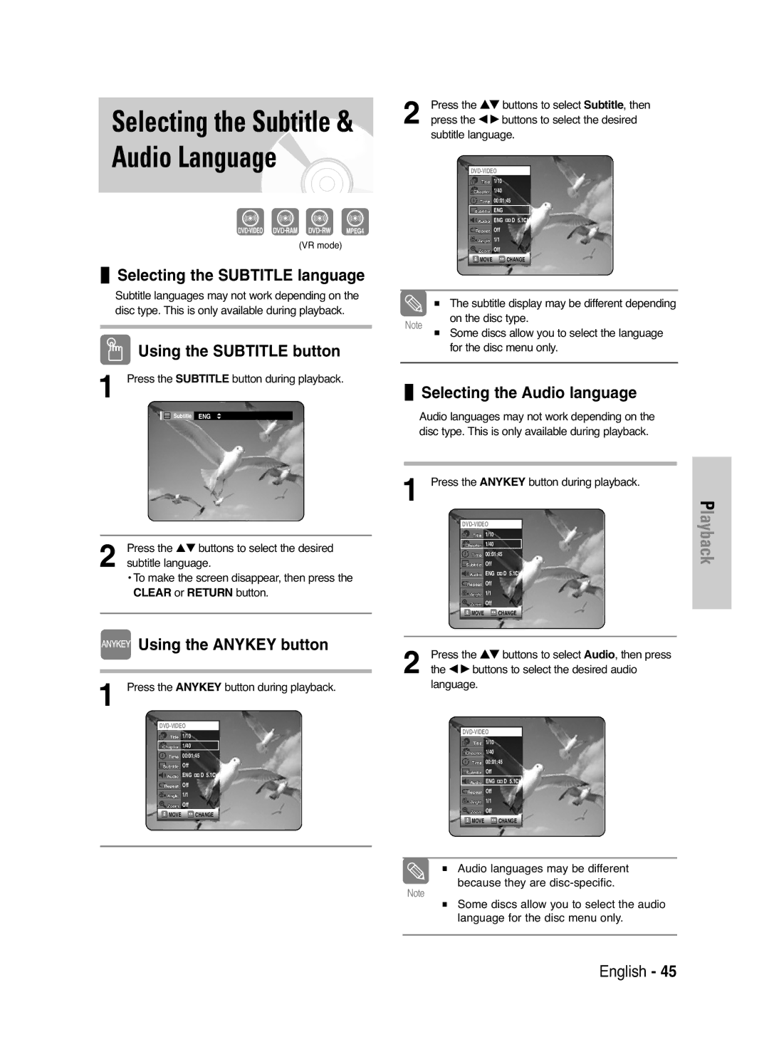 Samsung DVD-VR325/XEF, DVD-VR325P manual Selecting the Subtitle language, Using the Subtitle button, Using the Anykey button 