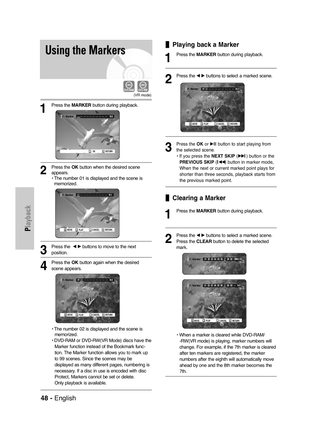 Samsung DVD-VR325P, DVD-VR325/XEF manual Using the Markers, Playing back a Marker, Clearing a Marker 