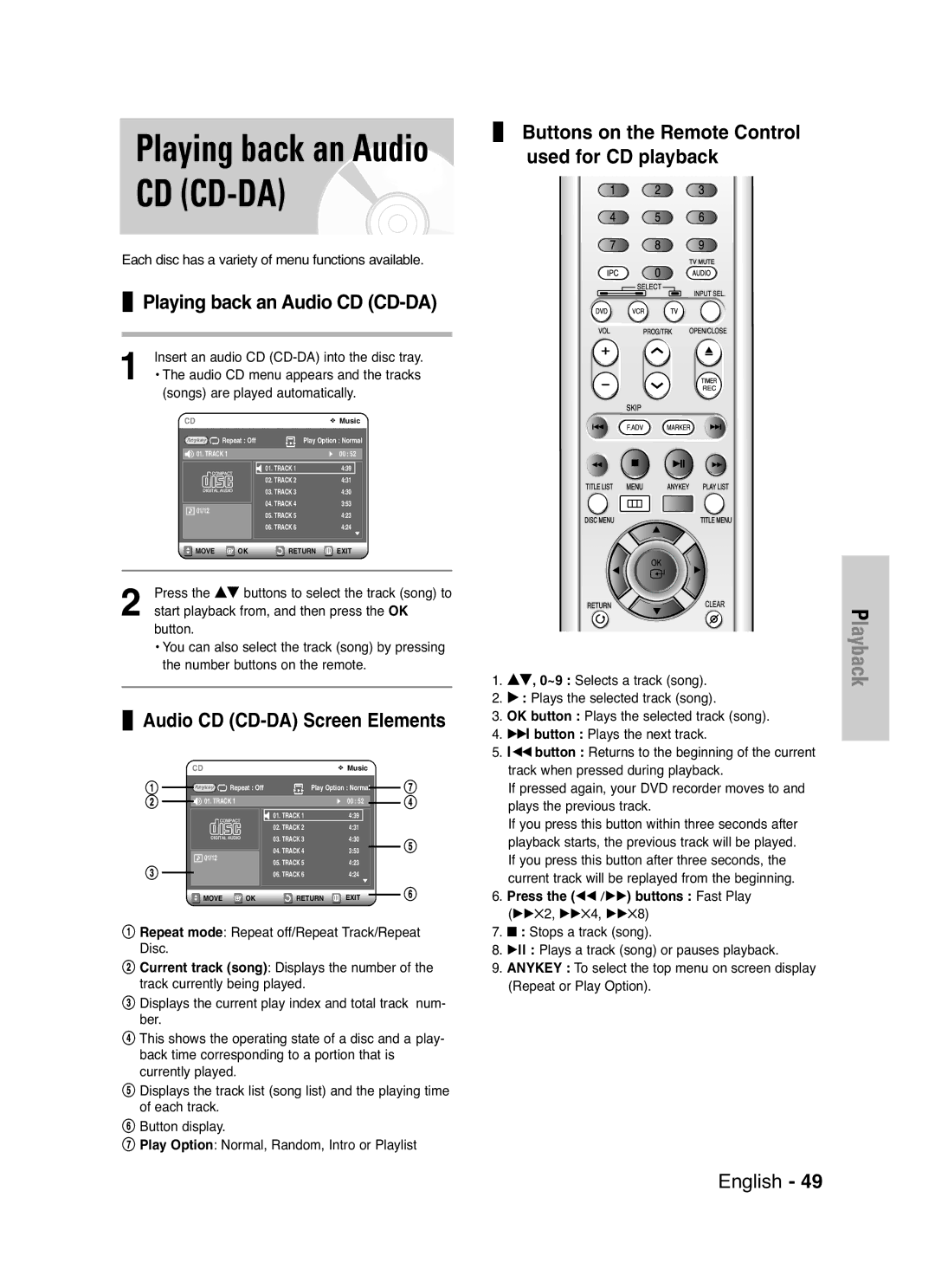 Samsung DVD-VR325/XEF Playing back an Audio CD CD-DA, Audio CD CD-DA Screen Elements, Press the œœ /√√ buttons Fast Play 