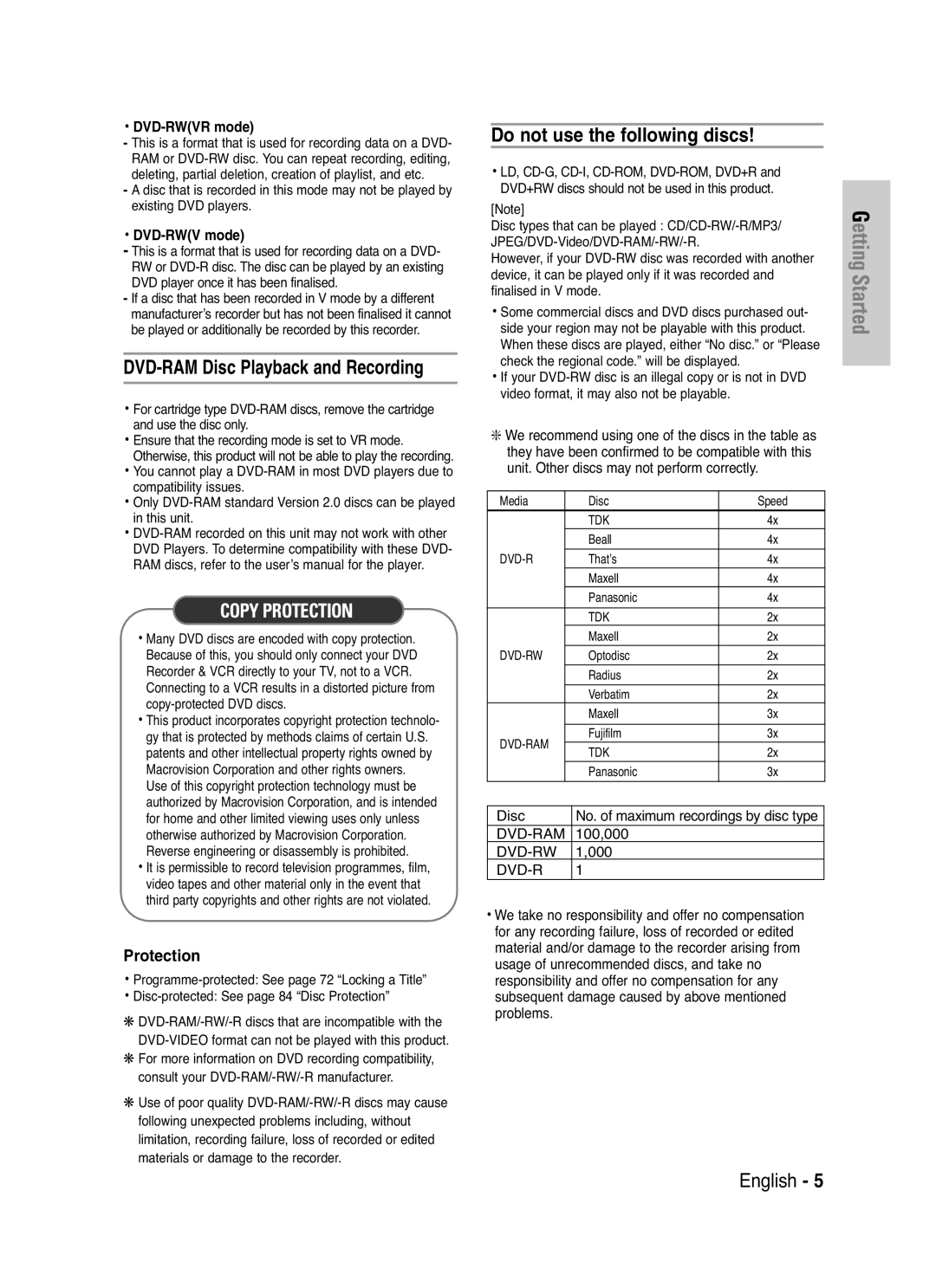 Samsung DVD-VR325/XEF, DVD-VR325P manual Do not use the following discs 