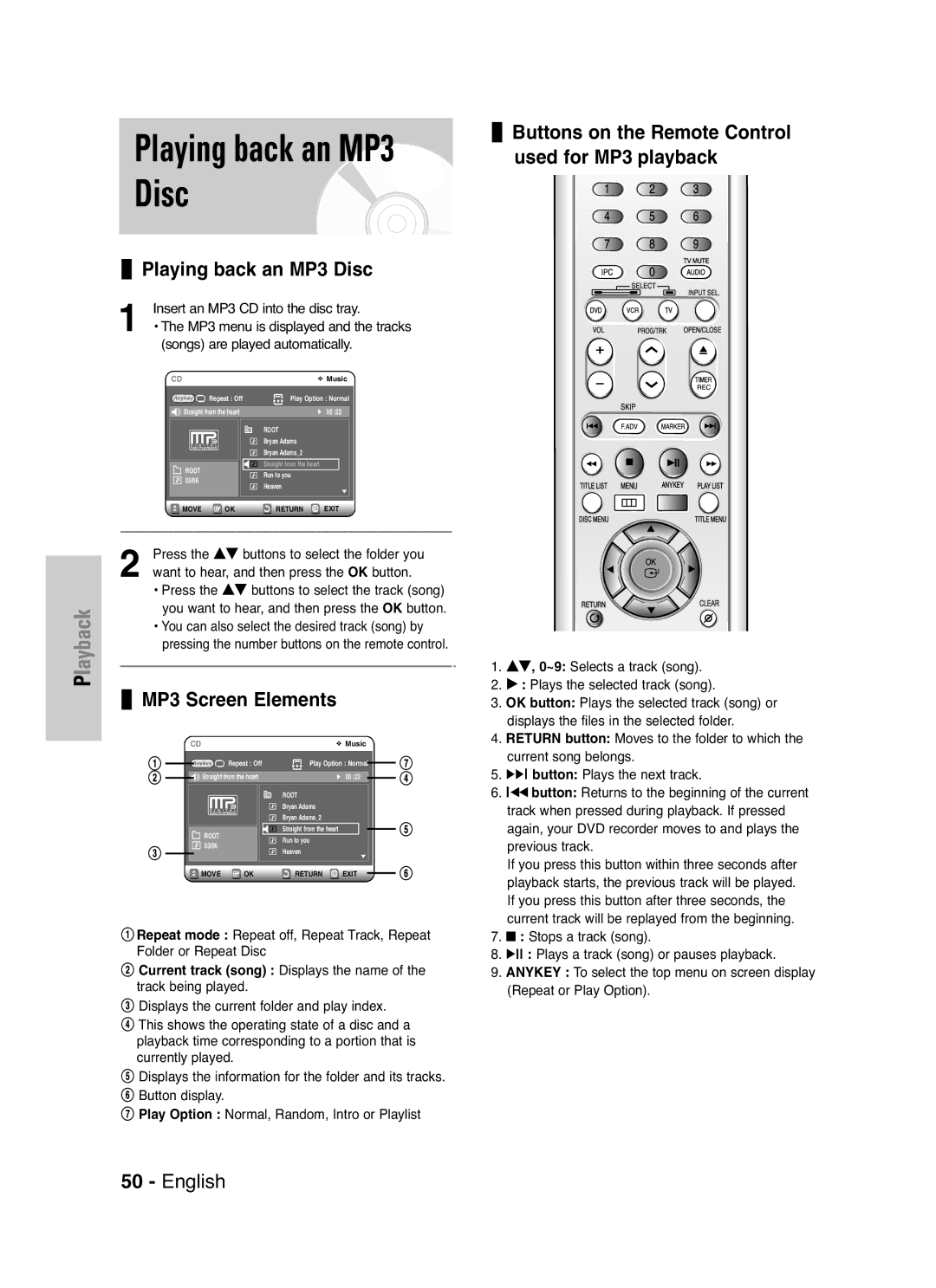 Samsung DVD-VR325P, DVD-VR325/XEF manual Playing back an MP3 Disc, MP3 Screen Elements 