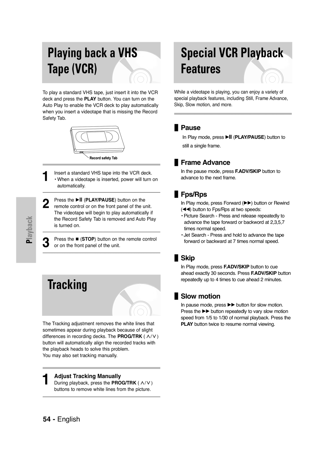 Samsung DVD-VR325P, DVD-VR325/XEF manual Playing back a VHS, Tape VCR Features, Tracking 