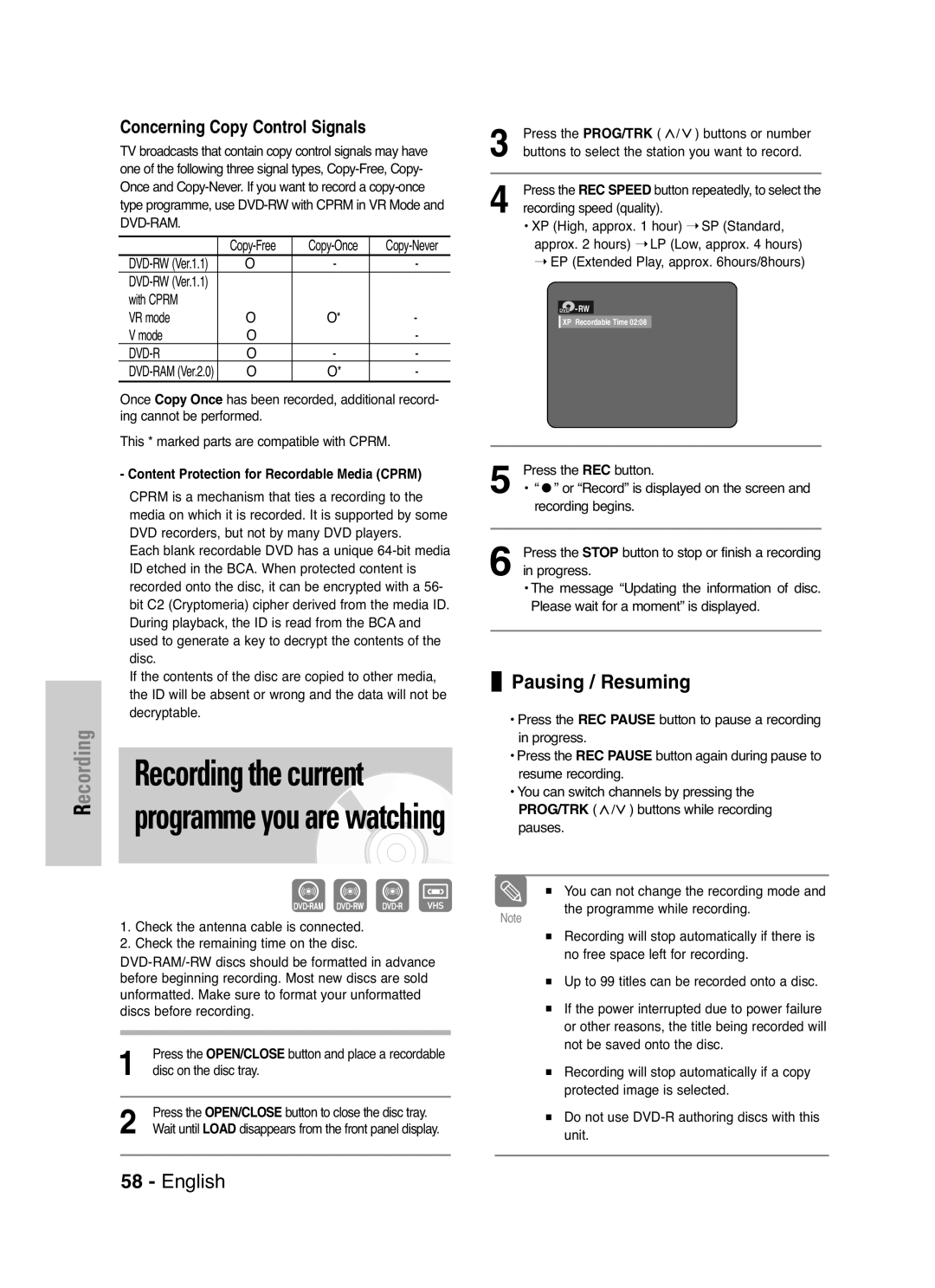 Samsung DVD-VR325P, DVD-VR325/XEF manual Content Protection for Recordable Media Cprm 