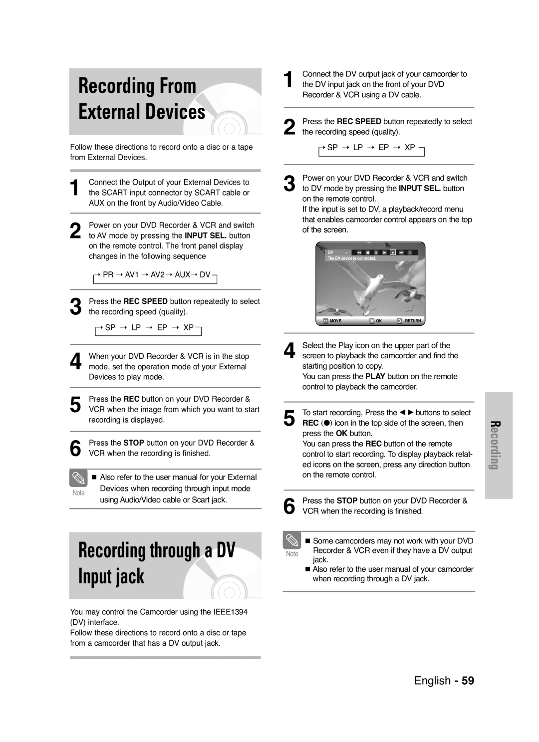 Samsung DVD-VR325/XEF, DVD-VR325P manual Recording From External Devices 