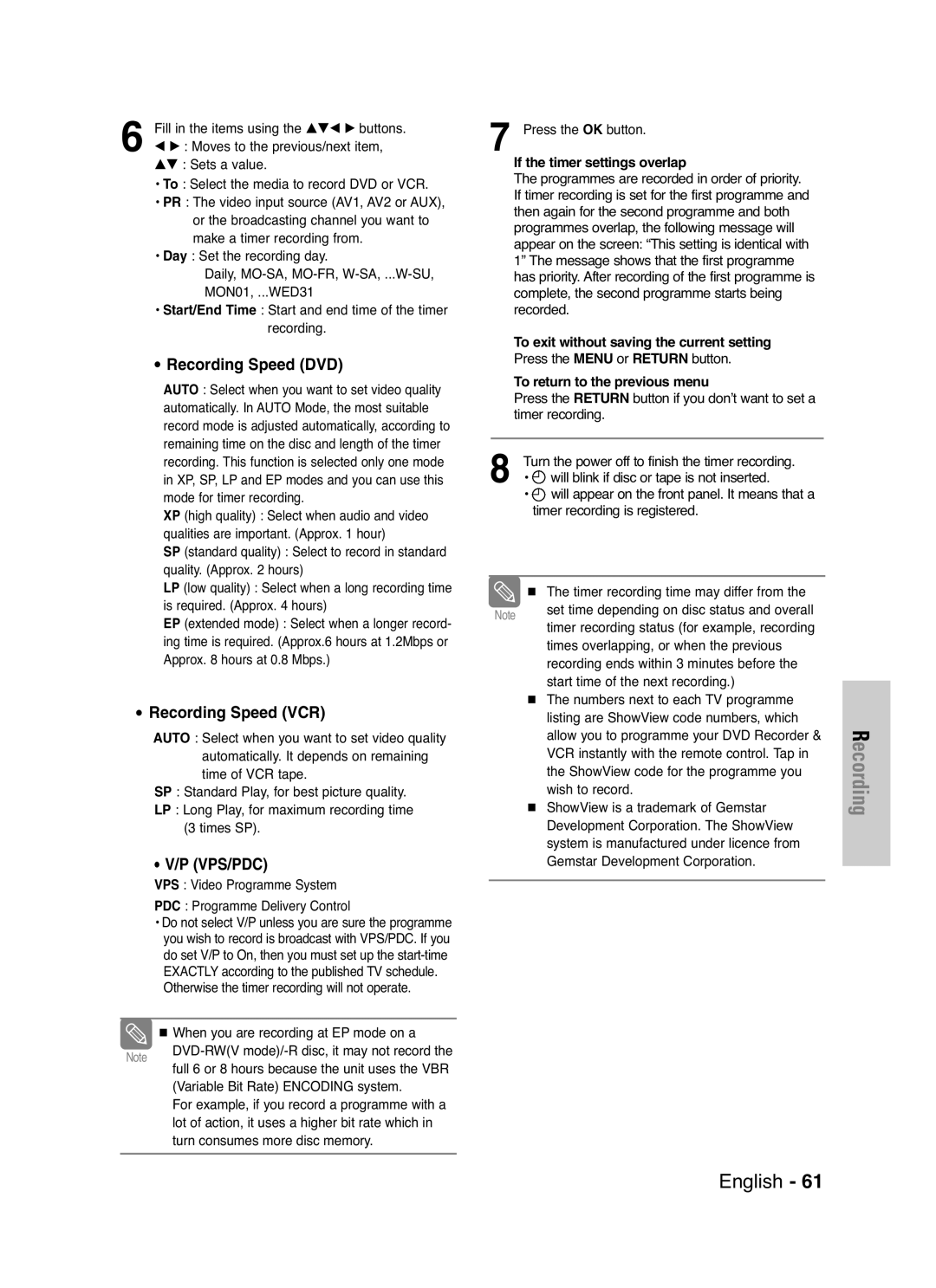 Samsung DVD-VR325/XEF, DVD-VR325P manual If the timer settings overlap, To exit without saving the current setting 