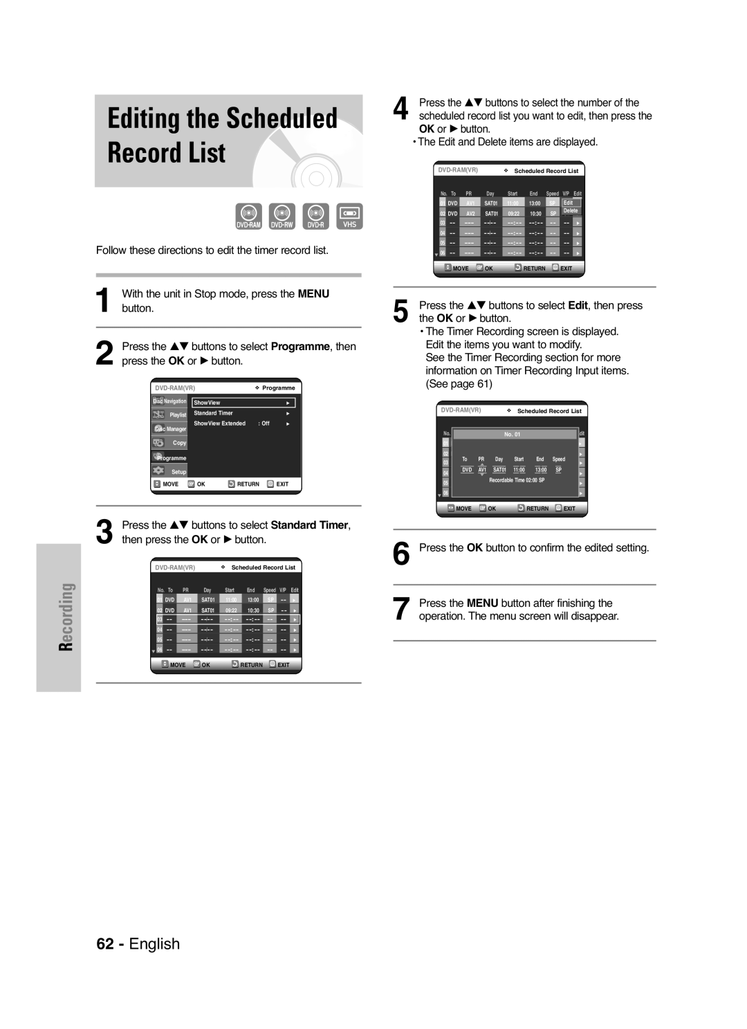 Samsung DVD-VR325P Record List, Follow these directions to edit the timer record list, Edit and Delete items are displayed 