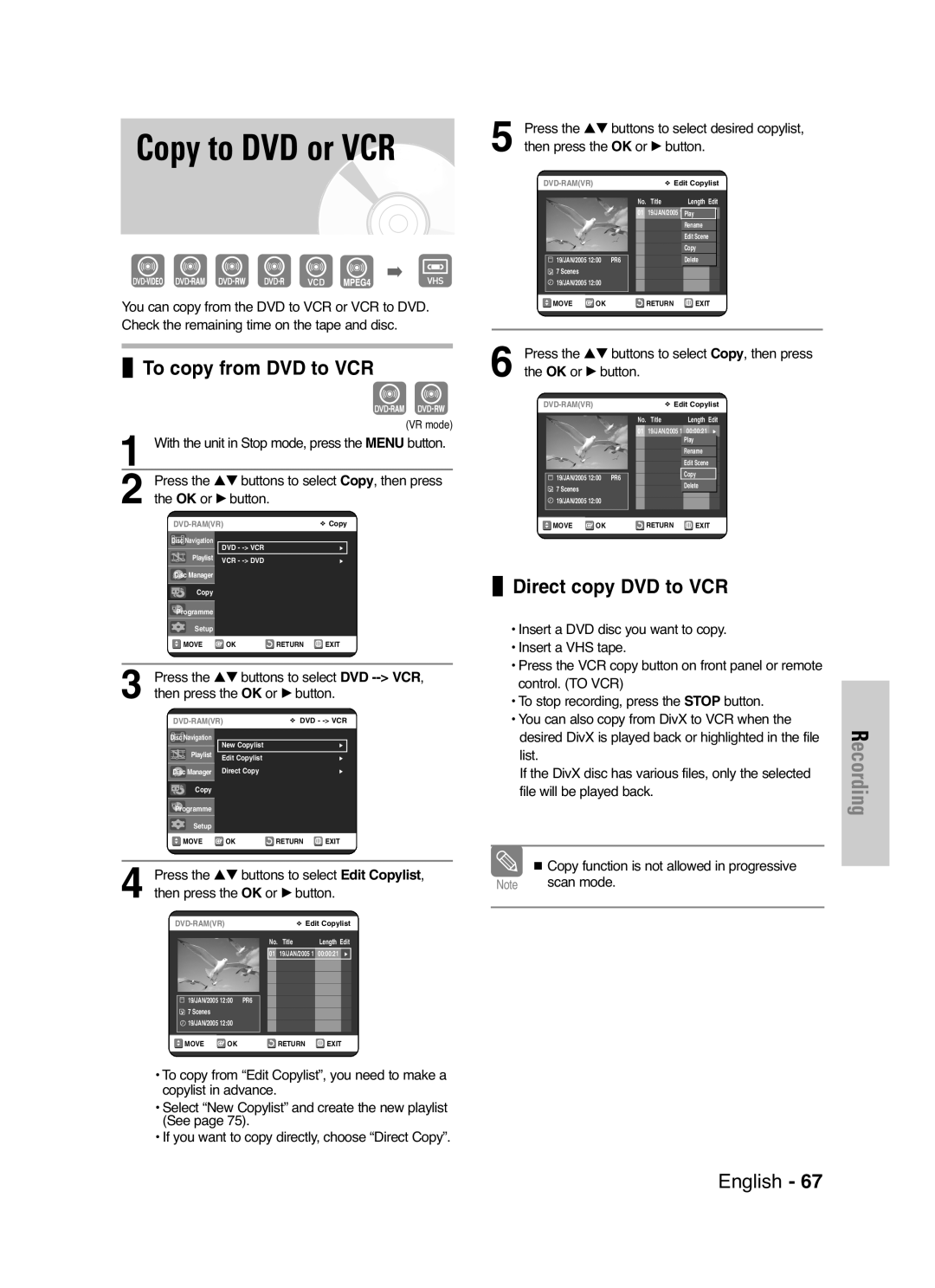 Samsung DVD-VR325/XEF, DVD-VR325P manual Copy to DVD or VCR, To copy from DVD to VCR, Direct copy DVD to VCR 