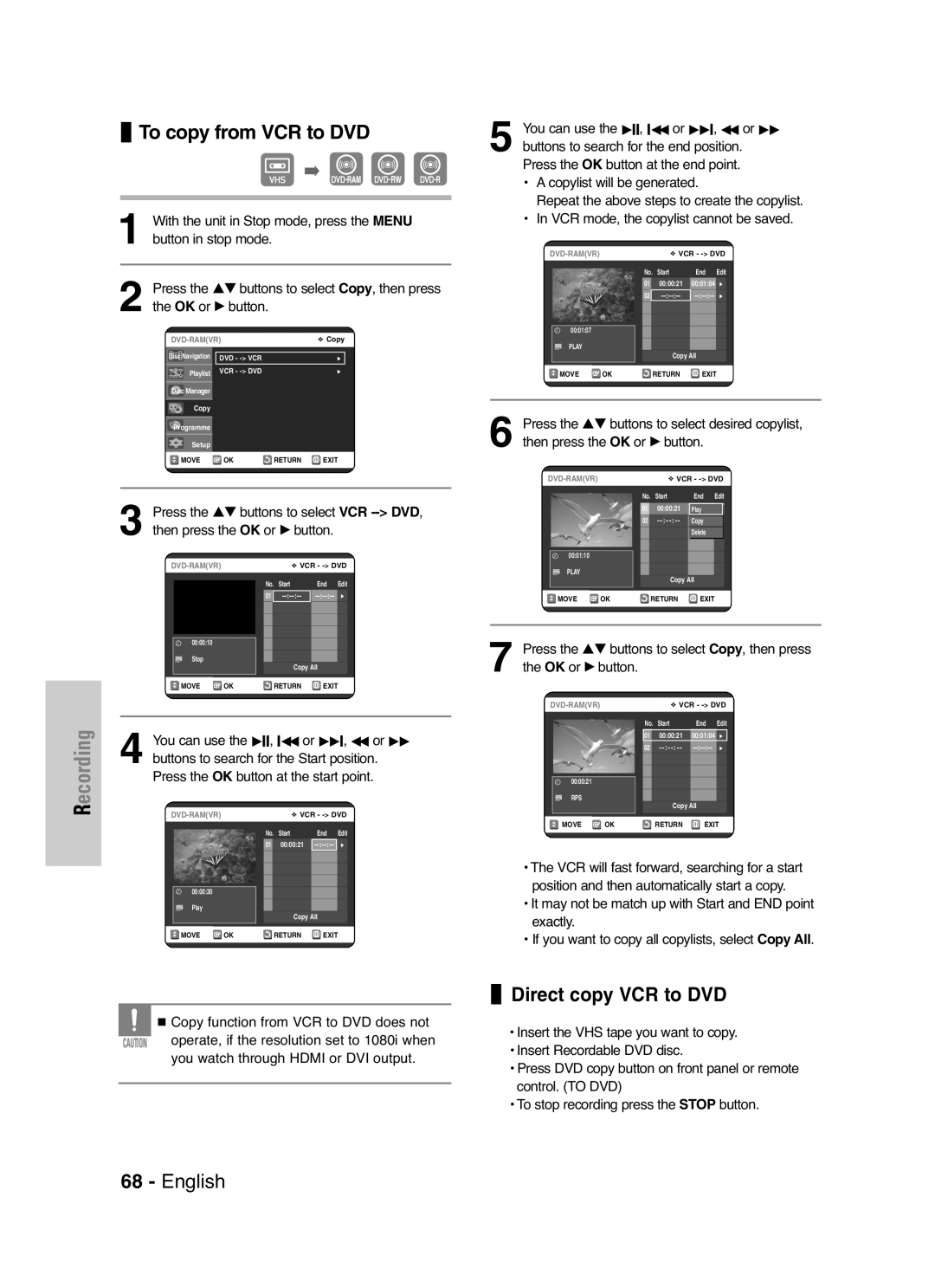 Samsung DVD-VR325P manual To copy from VCR to DVD, Direct copy VCR to DVD, With the unit in Stop mode, press the Menu 