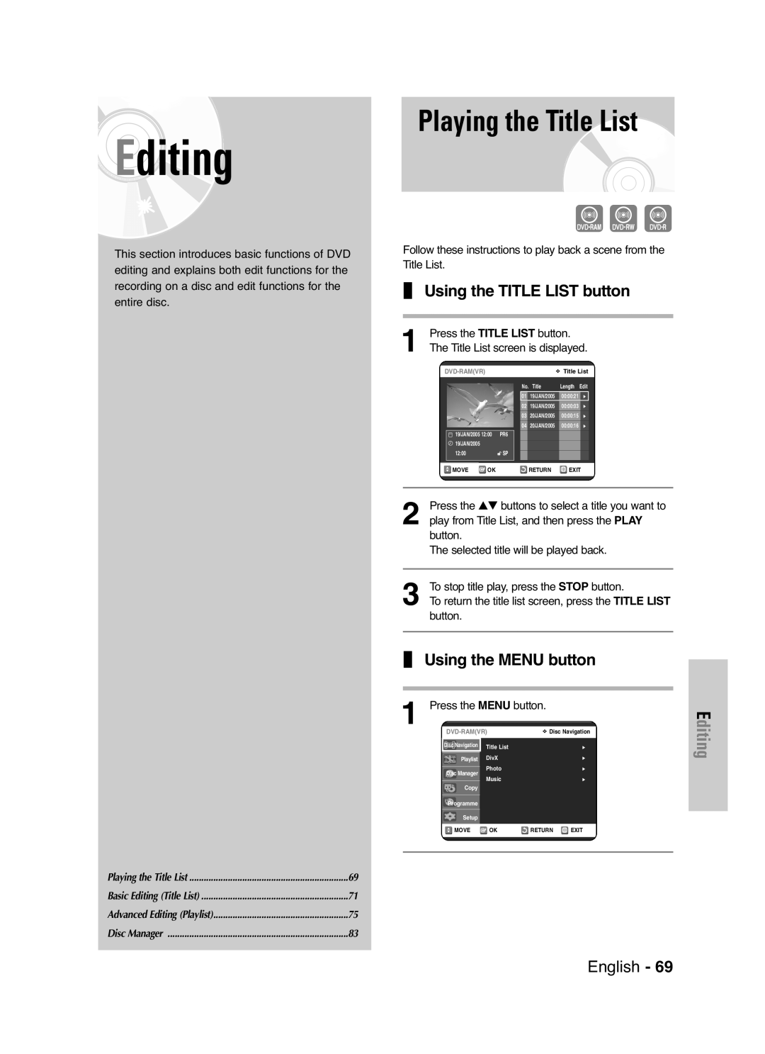 Samsung DVD-VR325/XEF, DVD-VR325P manual Playing the Title List, Using the Title List button, Using the Menu button 