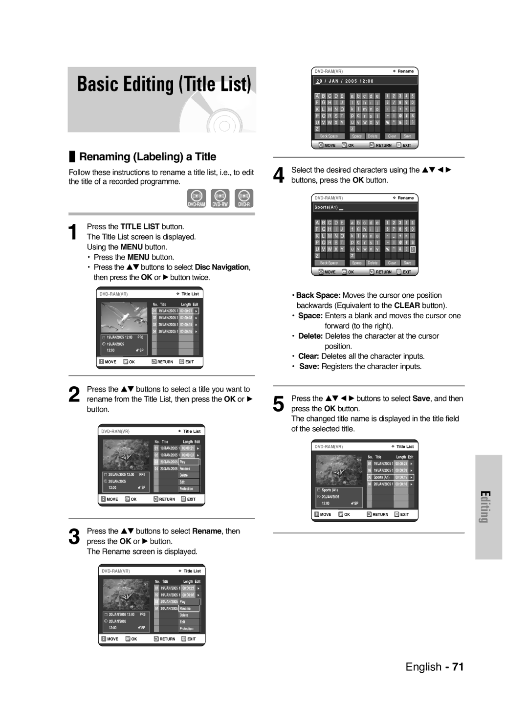 Samsung DVD-VR325/XEF, DVD-VR325P manual Renaming Labeling a Title 