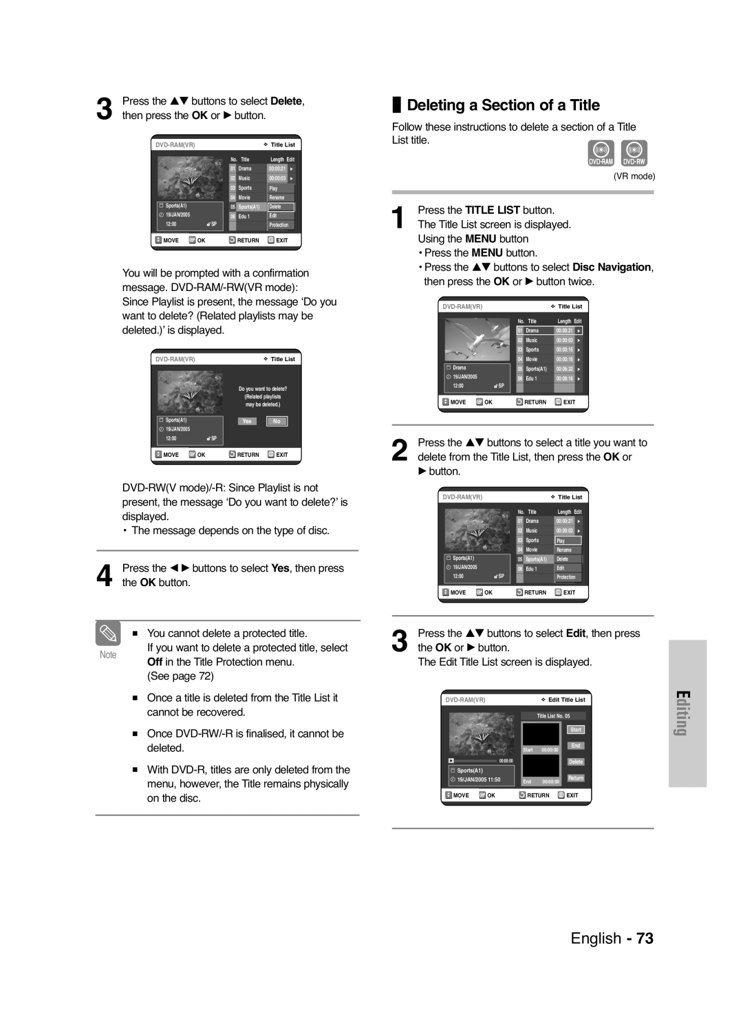 Samsung DVD-VR325/XEF, DVD-VR325P manual Deleting a Section of a Title, Once DVD-RW/-R is finalised, it cannot be, Deleted 