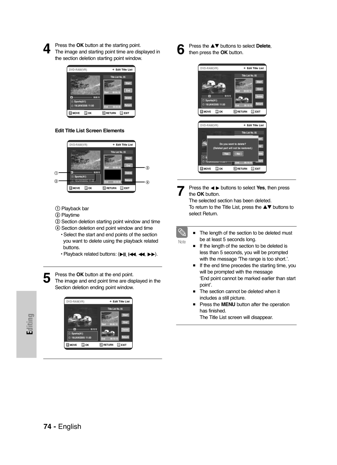 Samsung DVD-VR325P, DVD-VR325/XEF manual Edit Title List Screen Elements 