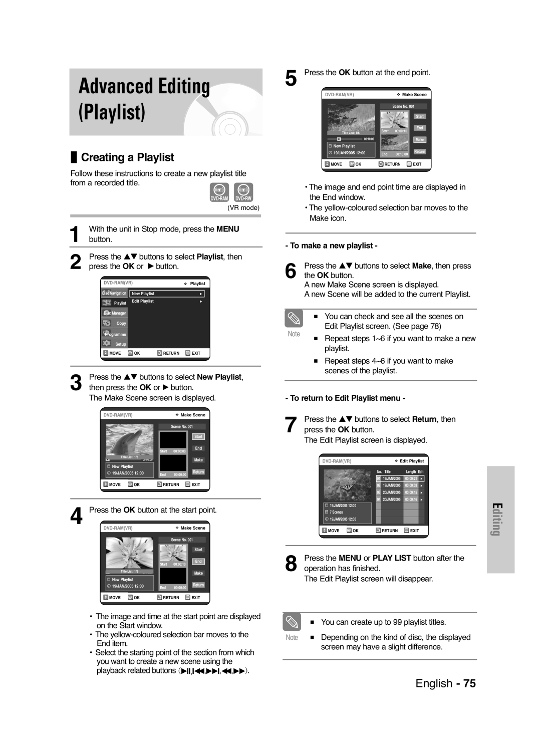 Samsung DVD-VR325/XEF manual To make a new playlist, To return to Edit Playlist menu, Edit Playlist screen is displayed 